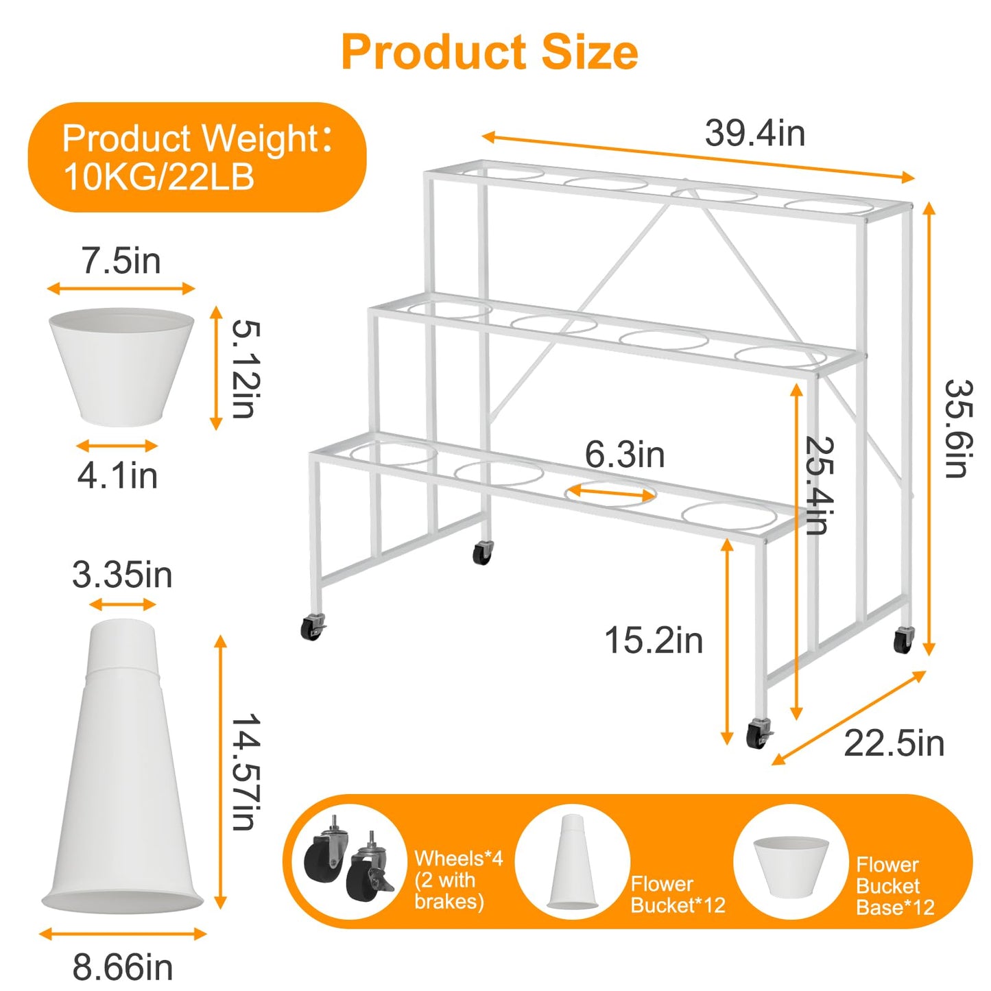 NEYCIL Flower Stand, 3-Tier Flower Display Stand with Buckets for Indoor Outdoor, Flower Cart Display Stand with Wheels for Courtyard, Balcony, Flower Shop, Wedding, Party, Exhibition (White)