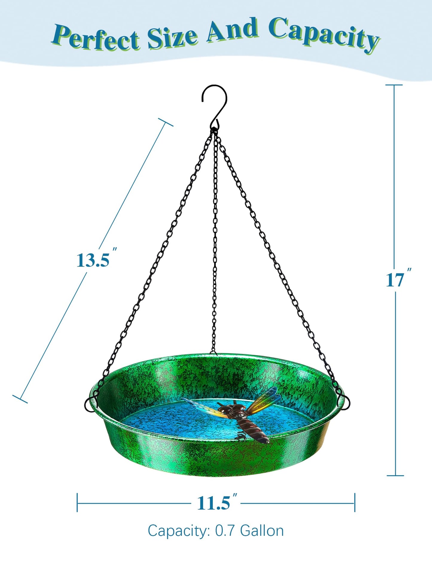 Hanging Bird Bath for Outside, 11.5” Metallic Green & Blue Metal Birdbath Bowl & Feeder with Black Chain Outdoor Garden Yard Decor