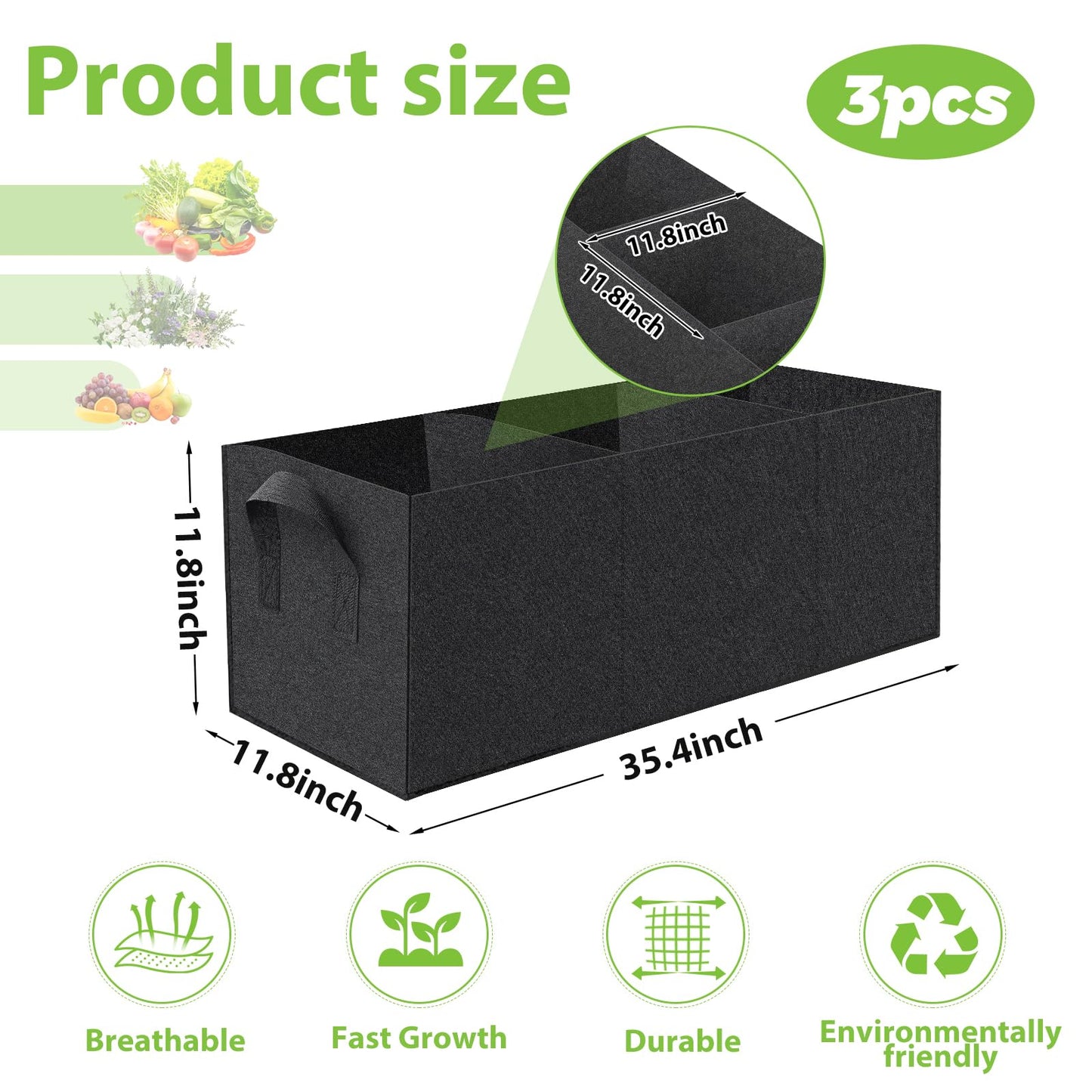 RGJ 3 Pack Fabric Raised Garden Bed, 22 Gallon 3x1x1 FT Garden Growing Bags with Handle, 3 Grids Breathable Garden Grow Bed Bag Grow Planter Bags Plant Bed for Planting Vegetables, Flowers and Herbs