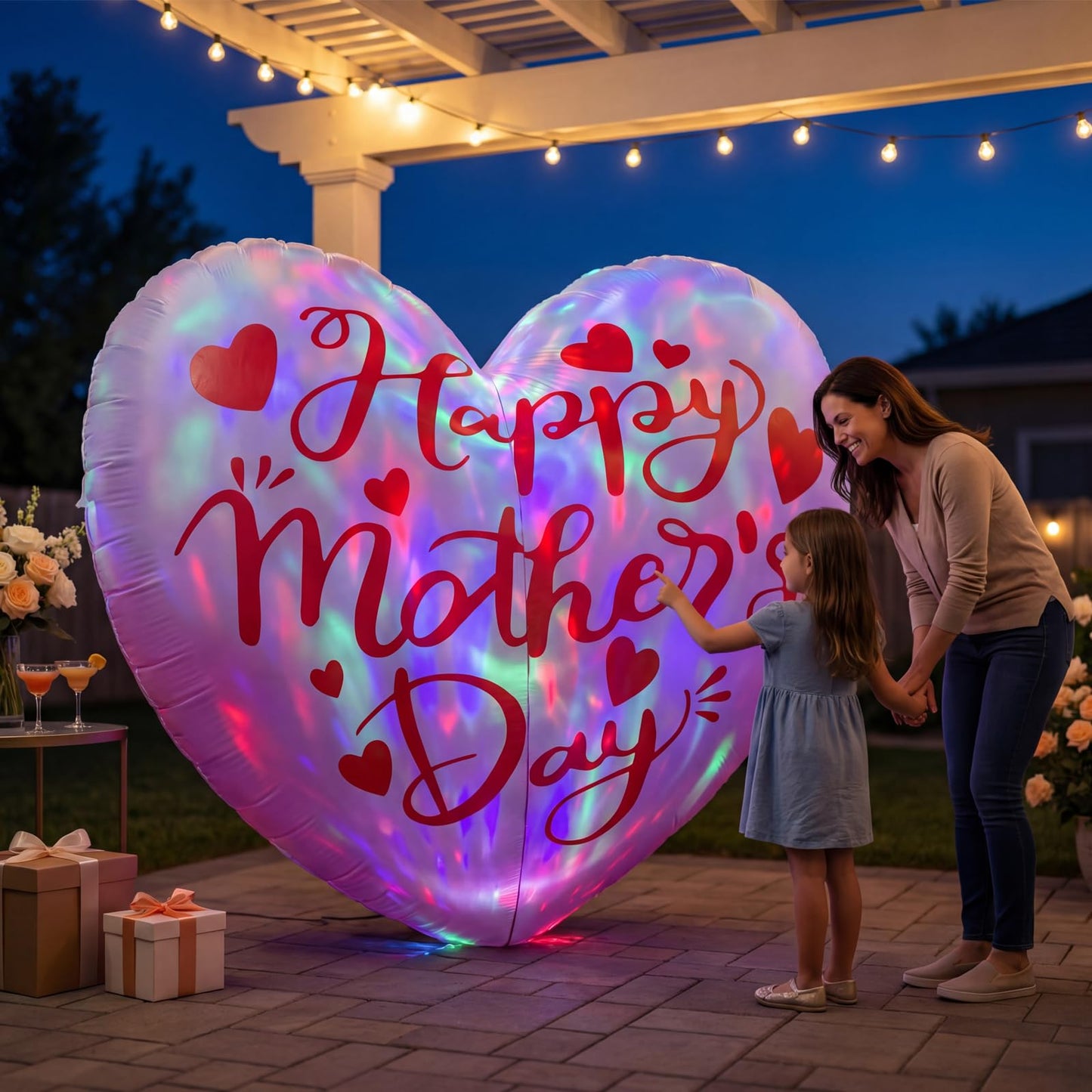 6.5FT Inflatable Happy Mother's Day Decorations, Father's Day Inflatable Double Side Decorations, Giant Hearts Built-in LED Lighted Blow Up Decoration Home Yard Outdoor Indoor Decor