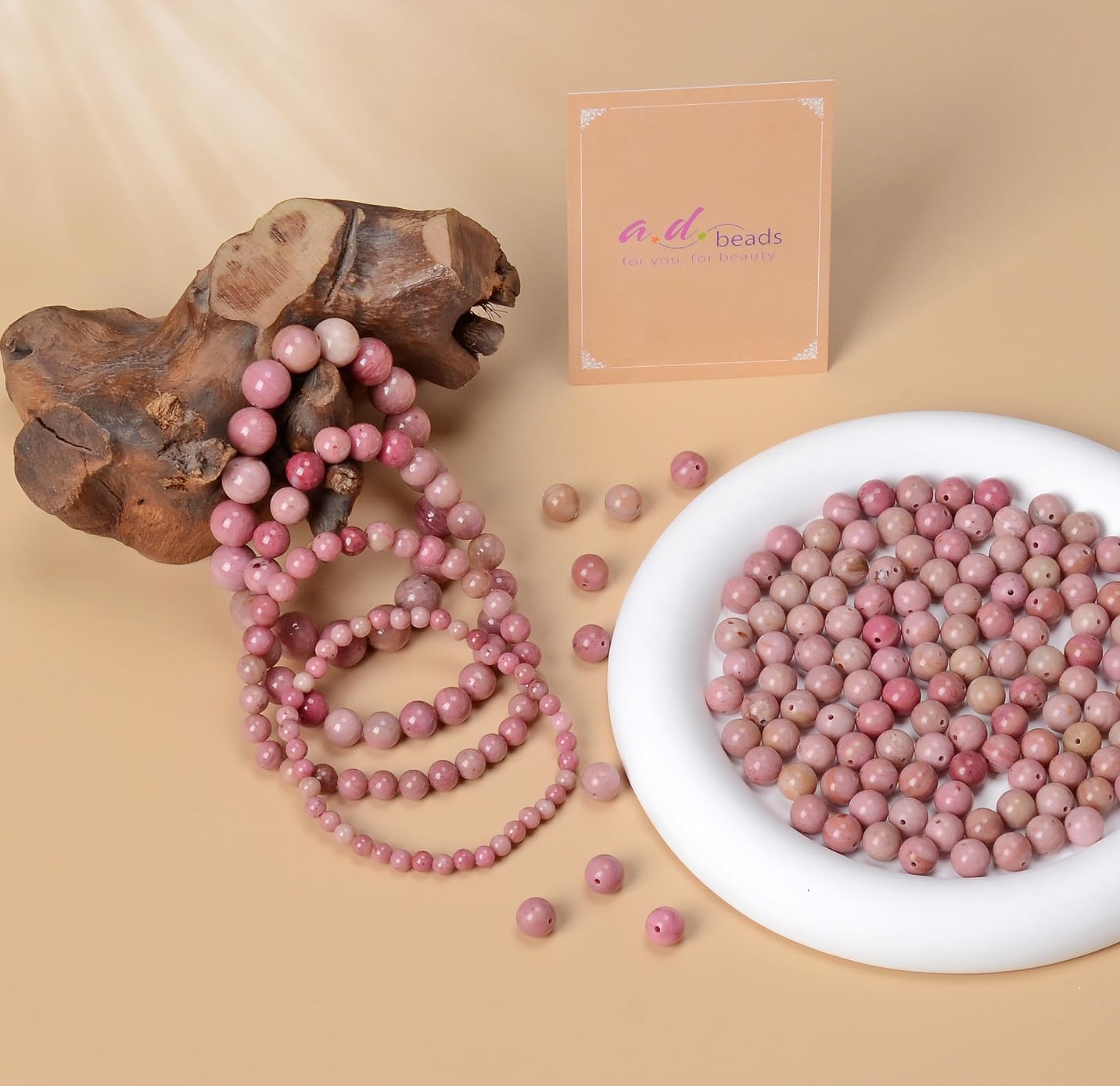 AD Beads Handmade Gemstone Stretch Elastic Bracelet Crystal Healing Reiki Nature's Beauty and Spiritual Essence Unisex (10mm, Rhodochrosite)