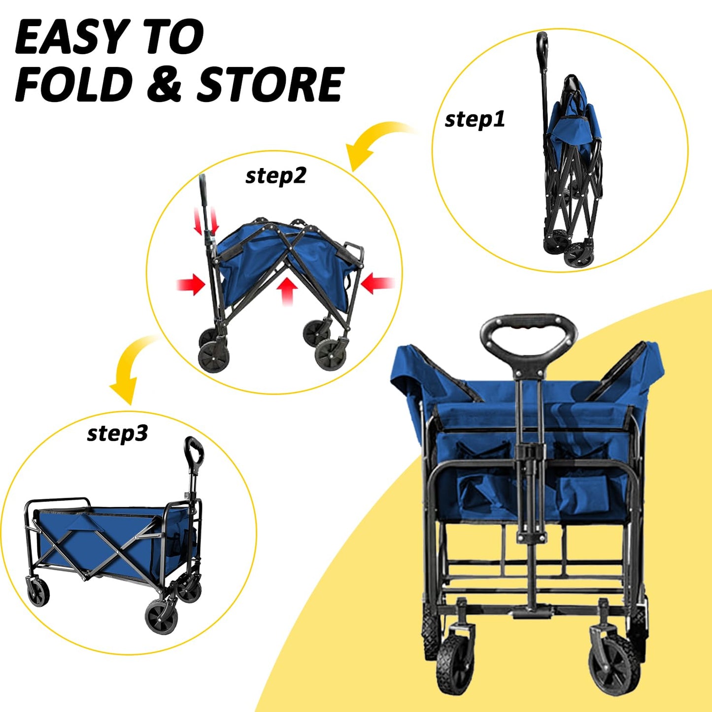 VOYSIGN Garden Cart Folding Wagon with Small Wheel, Collapsible Outdoor Wagon Cart Heavy Duty with Universal Wheels & Adjustable Handle, Utility Grocery Wagon for Camping Shopping, Sports - Navy Blue