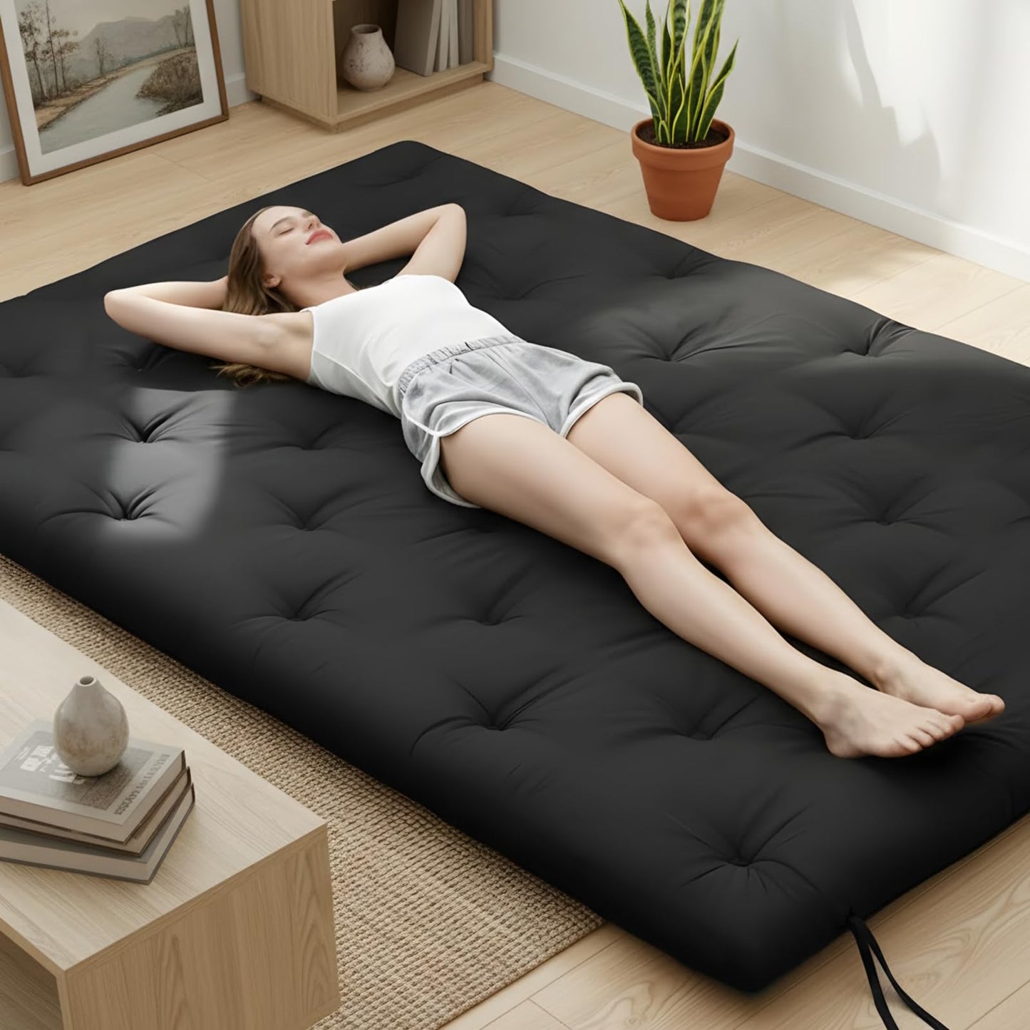 Syrinx Water Resistant Japanese Futon Mattress, King Size 80"x76", 2.5 Inch Thick Japanese Floor Mattress Tatami Mat, Foldable Floor Bed Sleeping Pad for Dormitory Guest Room Camping