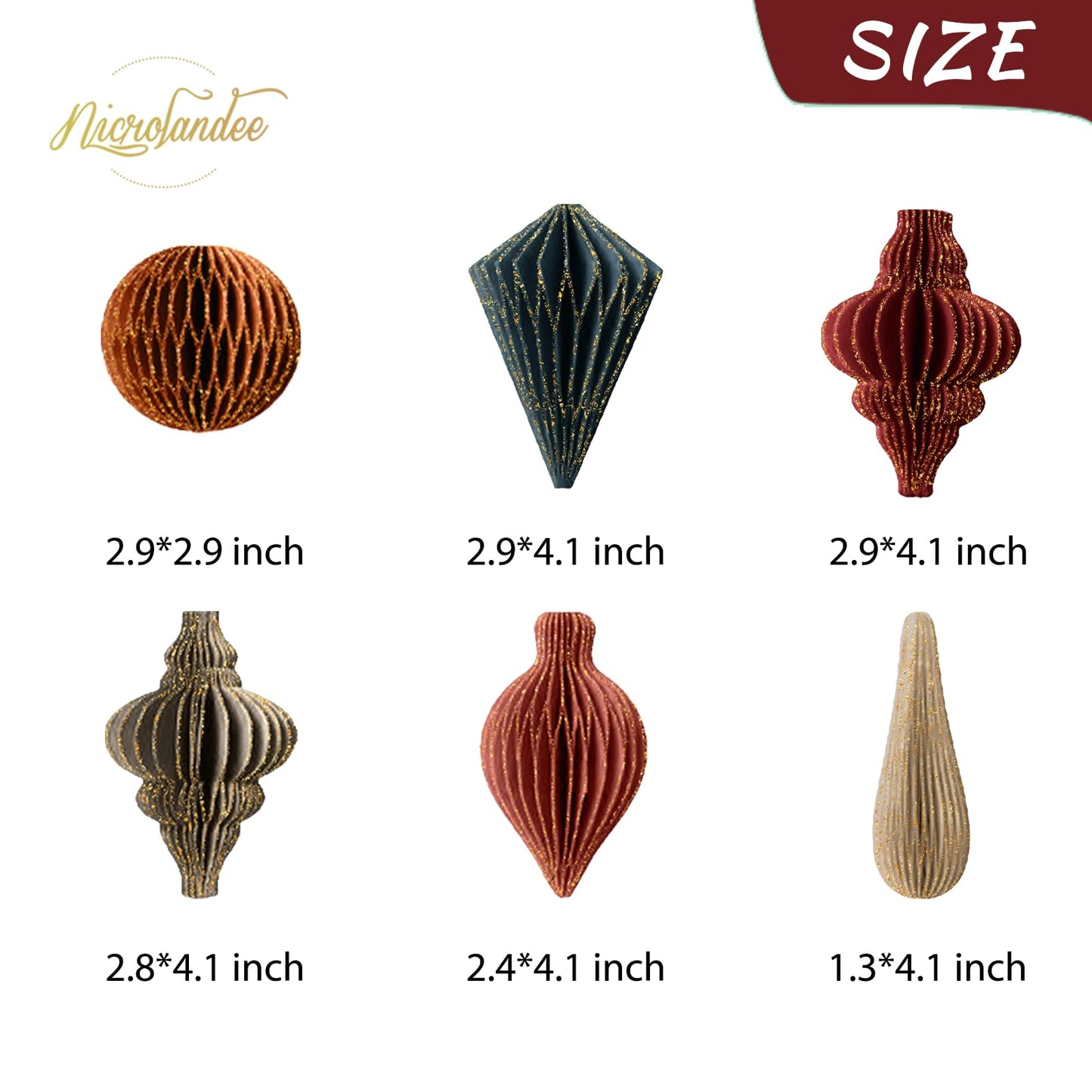 NICROLANDEE Christmas Decorations, 6 PCS Christmas Paper Honeycomb Ornaments with Glitter Edge, Mini Hanging Paper Lanterns for Christmas Tree Decoration Xmas Holiday Party New Year Decor