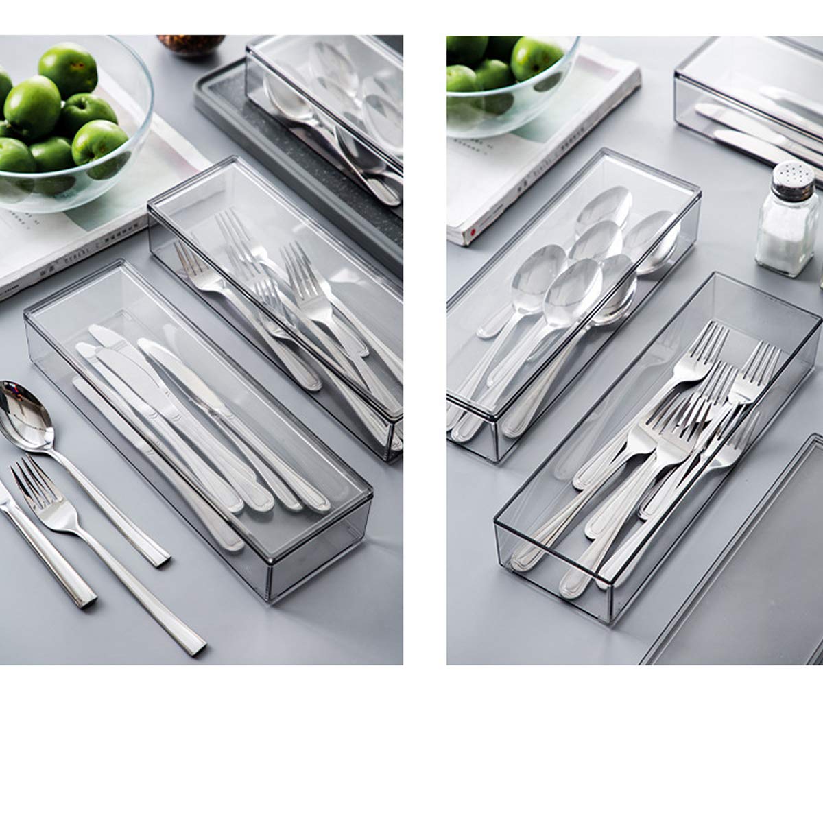 AIYoo Transparent Flatware Tray Kitchen Drawer Organizer With Lid - Plastic Kitchen Cutlery Tray and Utensil Silverware Storage Container with Cover - Dinnerware Holder for Spoons Forks Knives