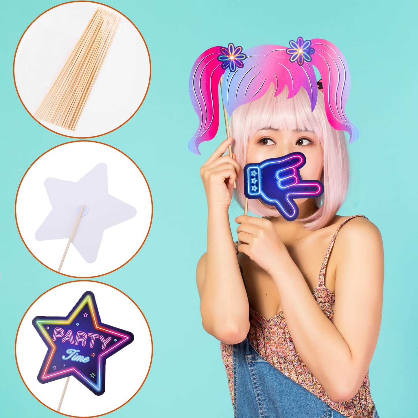 Qpout 25 Pieces Glow Party Photo Props, Neon Party Photo Booth Props, Fluorescent Selfie Props, Glow in The Dark Party Photo Props Posing Props Bar Decoration
