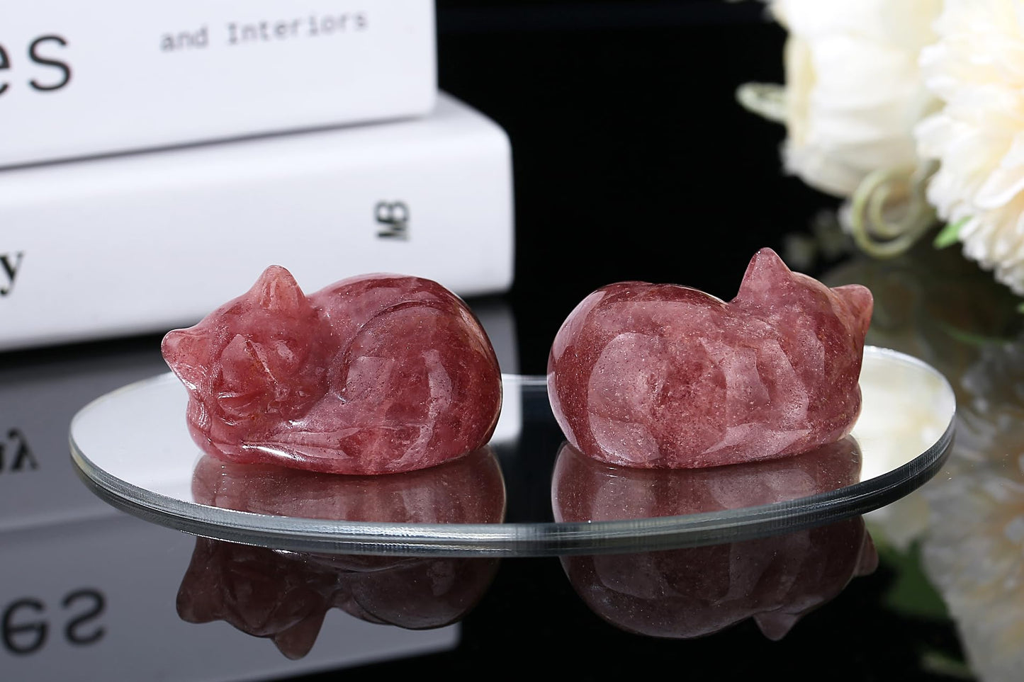 YATOJUZI 2" Cat Decors Statue Strawberry Quartz Crystals Sleeping Cats Gemstone Hand-Carved Cute Animal Statues Figurine Stone Home Office Desk Decor Lucky Reiki Kitten Ornaments Gifts for Women Men