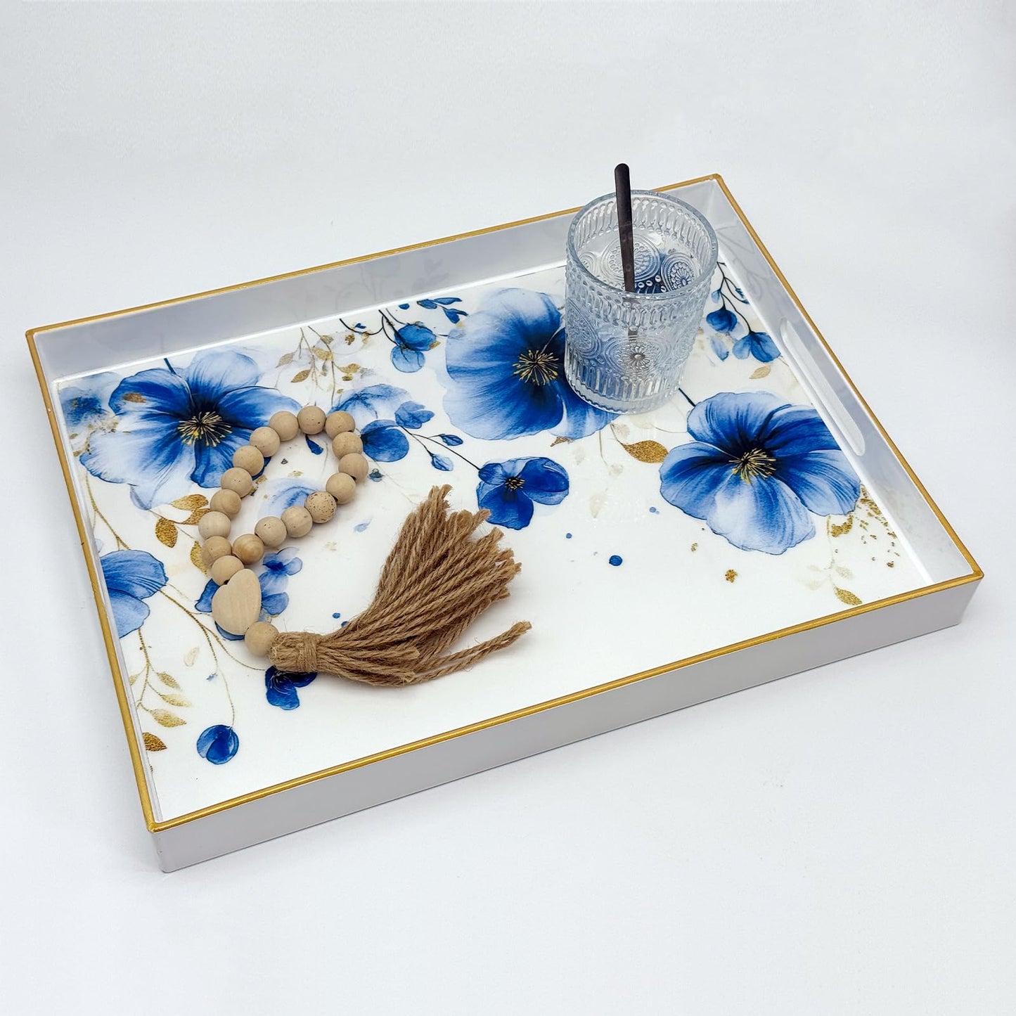 PDUHKO Serving Tray with Handles, 15.7 * 11.8 inches, Plastic Ottoman Tray with Exquisite Paintings, Trays for Coffee Table