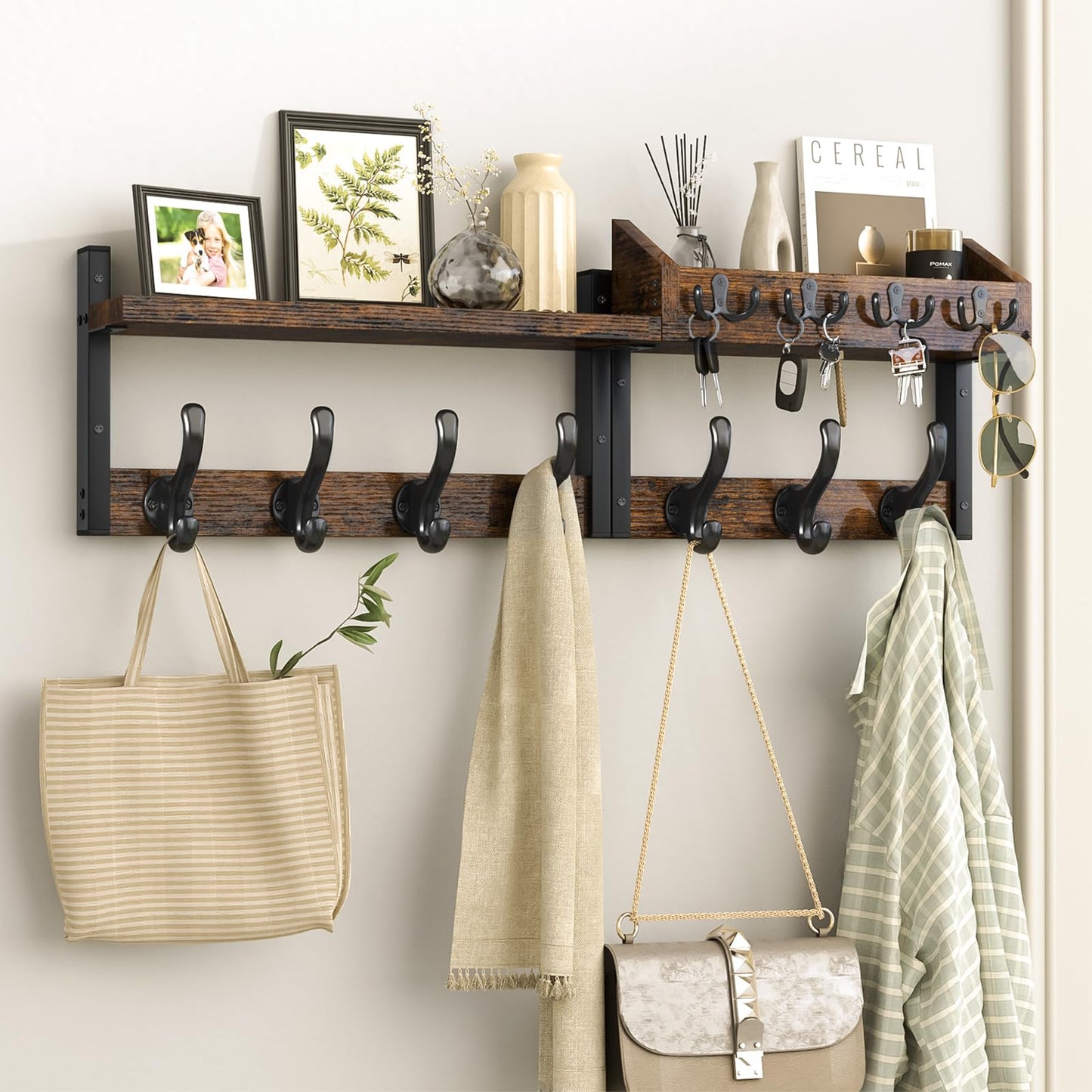 Evermagin 29" Coat Rack Wall Mount with Shelf, 4 in 1 Coat and Key Hanger with 11 Metal Hooks, Entryway Wall Mounted Shelf with Mail Holder for Living Room, Bedroom, Rustic Brown