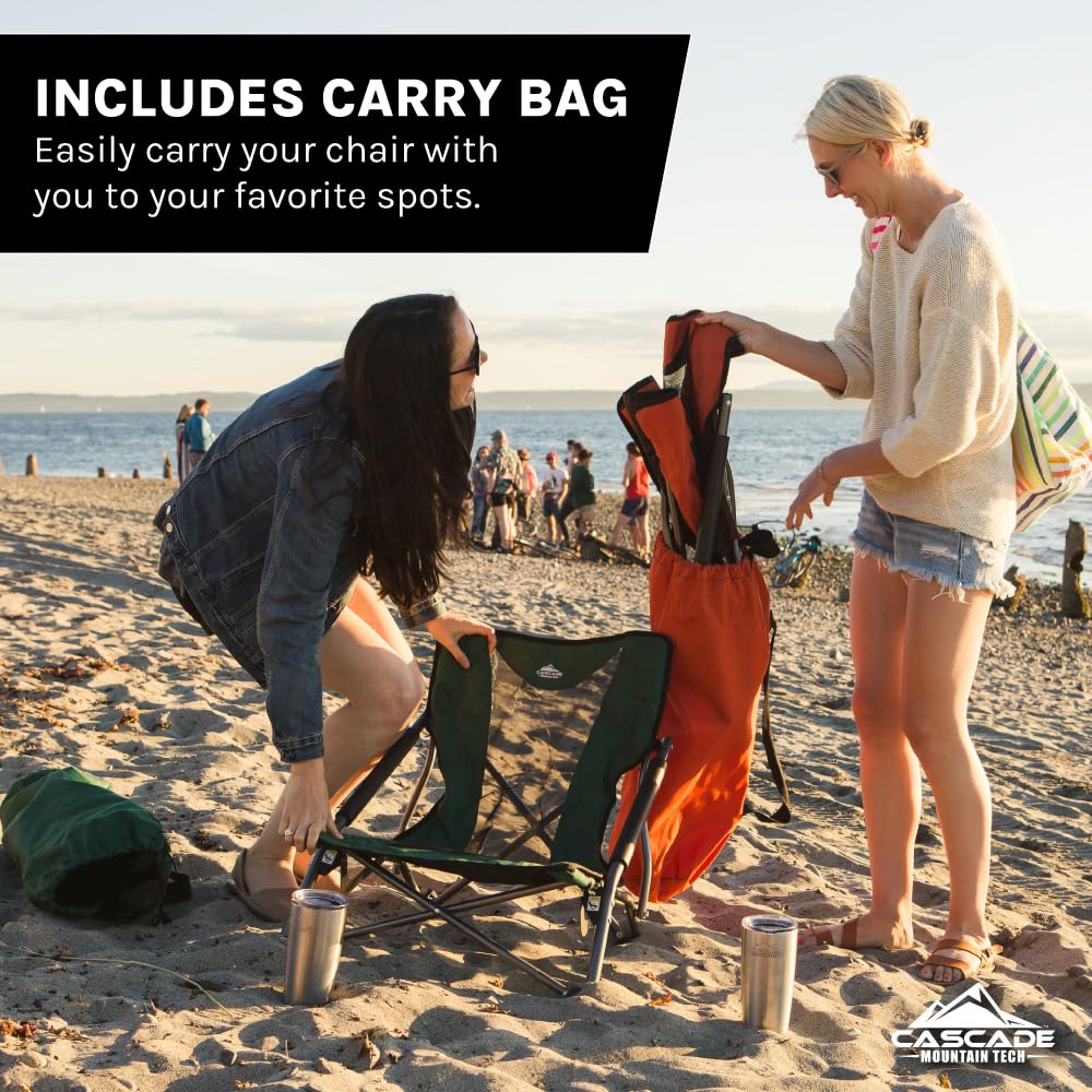 Cascade Mountain Tech Camping Chair - Low Profile Polyester Folding Chair for Camping, Beach, Picnic, Barbeques, Sporting Event with Carry Bag and Cushion Availability, Orange