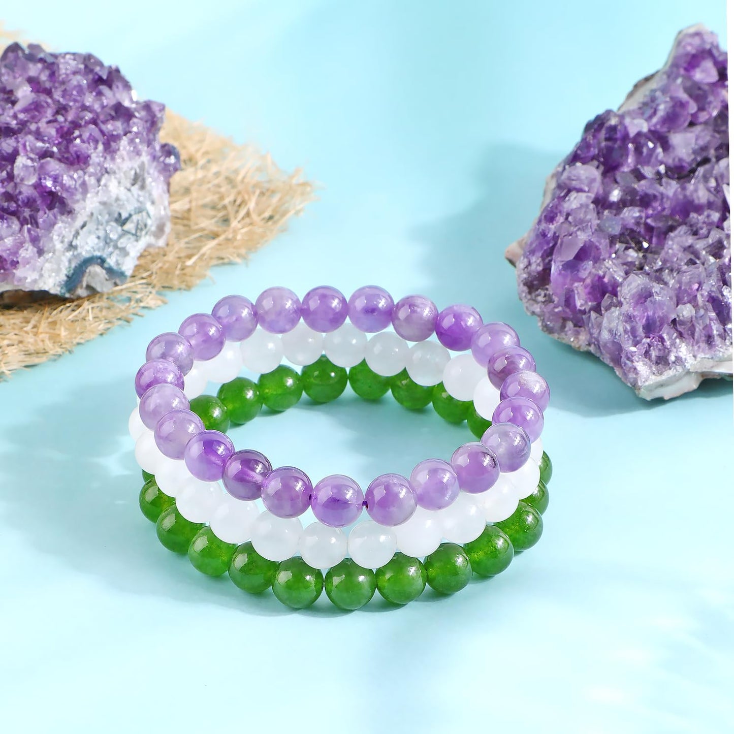 NCB 3-Piece 8mm Natural Crystal Gemstone Stretch Bracelets – ﻿Amethyst, Green Jade, White Jade Handmade Reiki Energy Healing Jewelry for Meditation,Yoga, Unisex