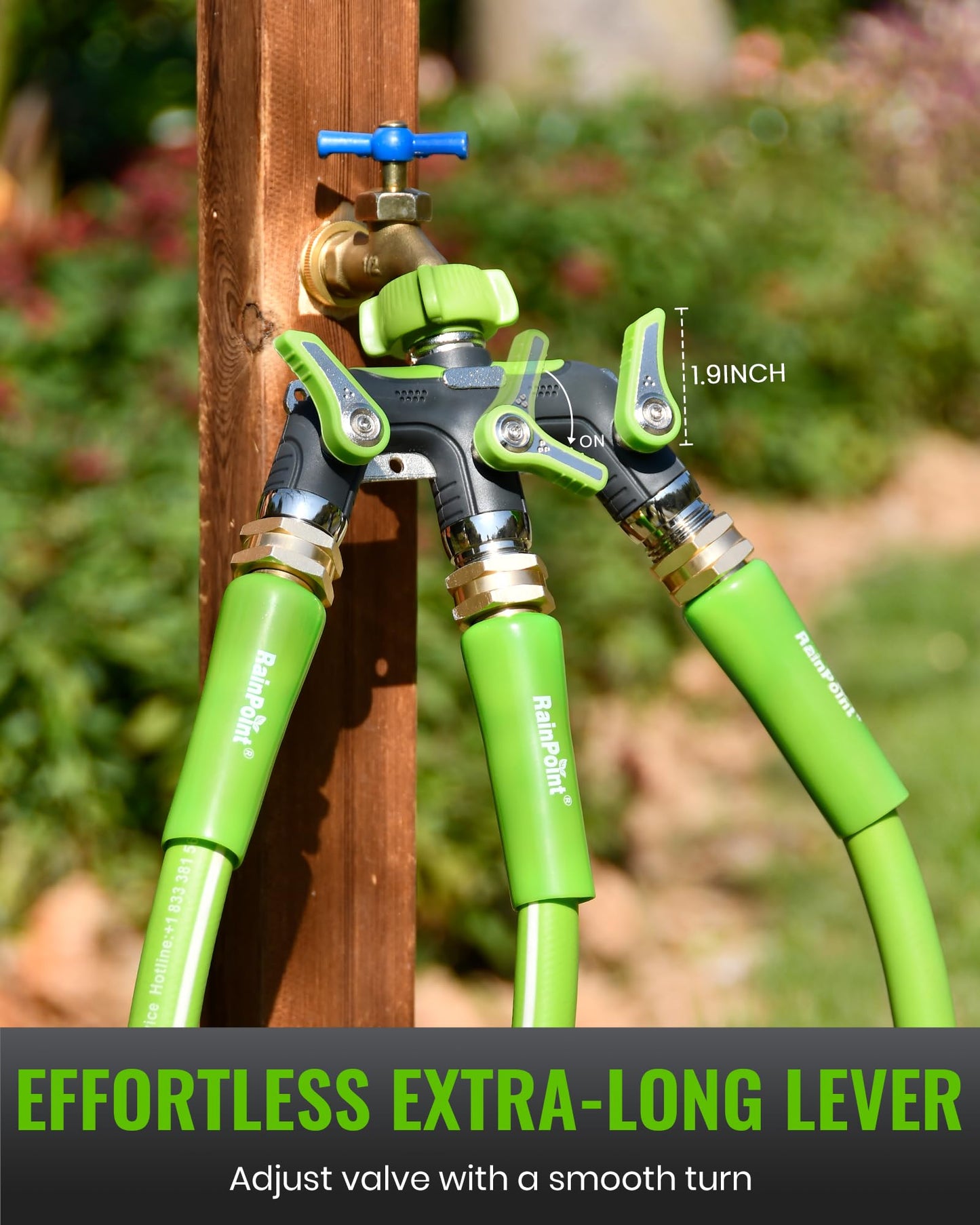 RAINPOINT 3 Way Hose Splitter, 100% Metal Heavy Duty Garden Hose Splitter With 1.9" Extra Long Handle & Individual Shut Off, 3/4 Inch GHT Thread Water Hose Connector For Outdoor Spigot Faucet (Green)