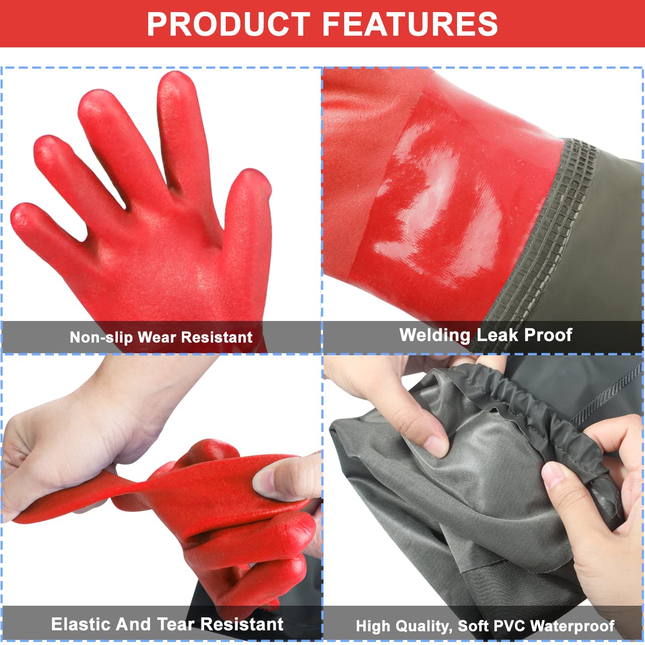 Haiou Long Arm Waterproof Gloves - Red Rubber Gloves for Men and Women (25 inches, Large, Red)