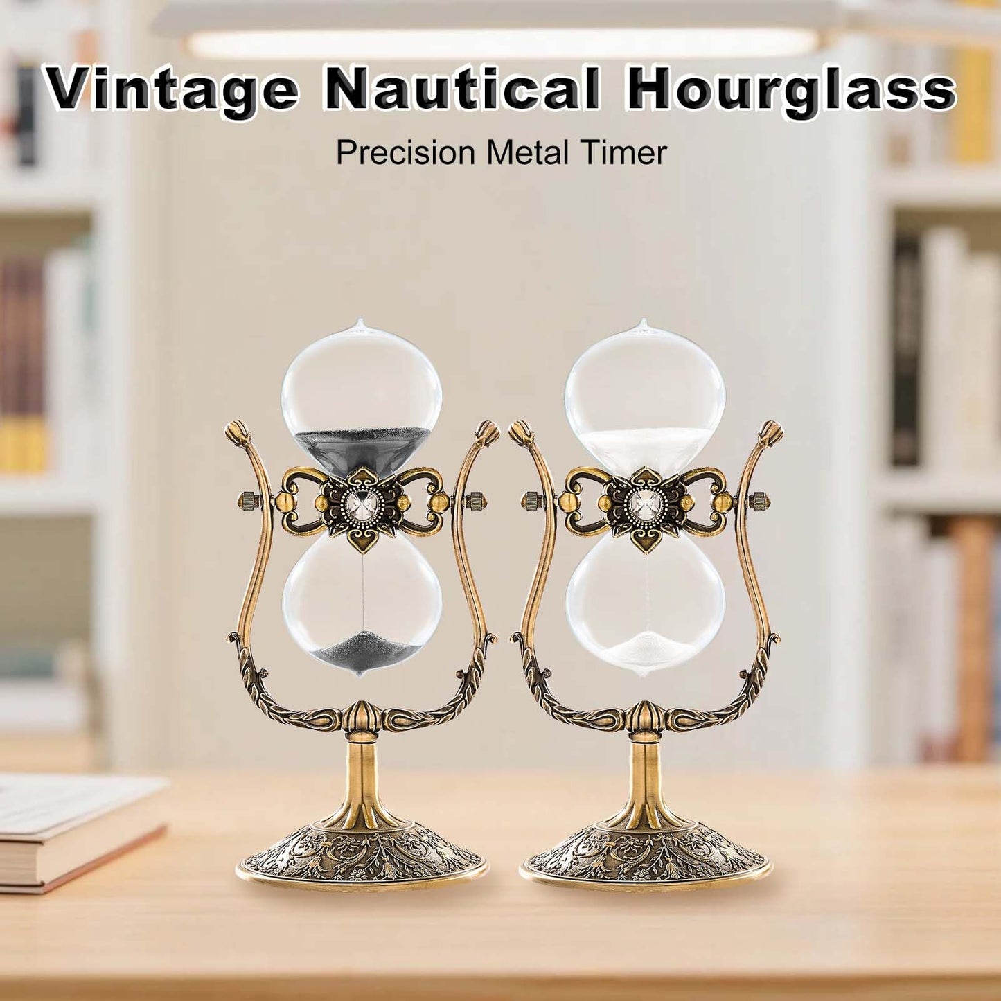 Vintage Engraving 30 Minute Hourglass, Rotating Sand Timer Clock, Unique Metal Sand Watch 30 Min, Antique Brass Hour Glass Sandglass for Home, Desk, Office(Black)