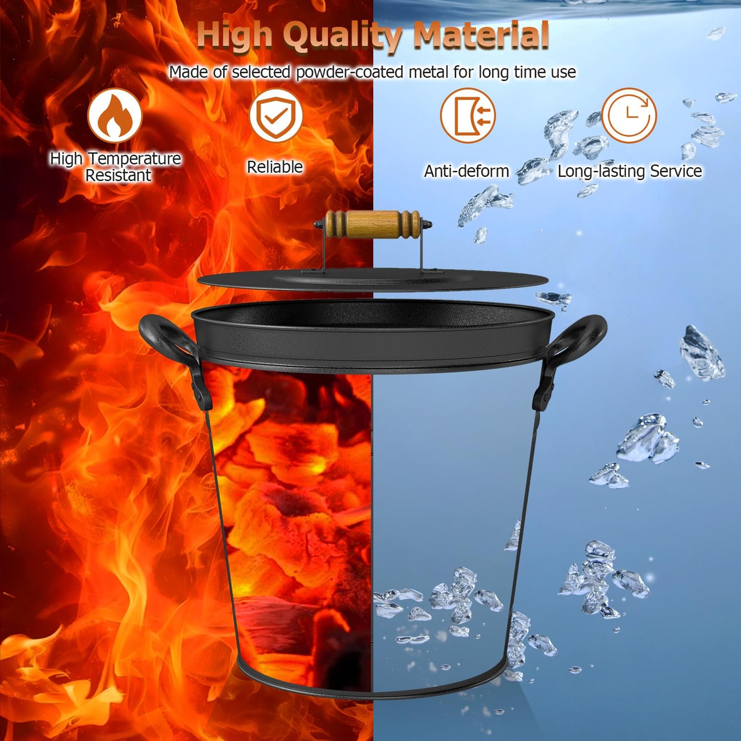 COSTWAY Ash Bucket with Lid Set of 2, 2.9 Gallon Metal Coal Ash Can w/Wooden Lid, Side Grips, Indoor & Outdoor Fireplace Ash Tool Cleaning Bucket for Fireplace Fire Pits Wood Burning Stoves, Black