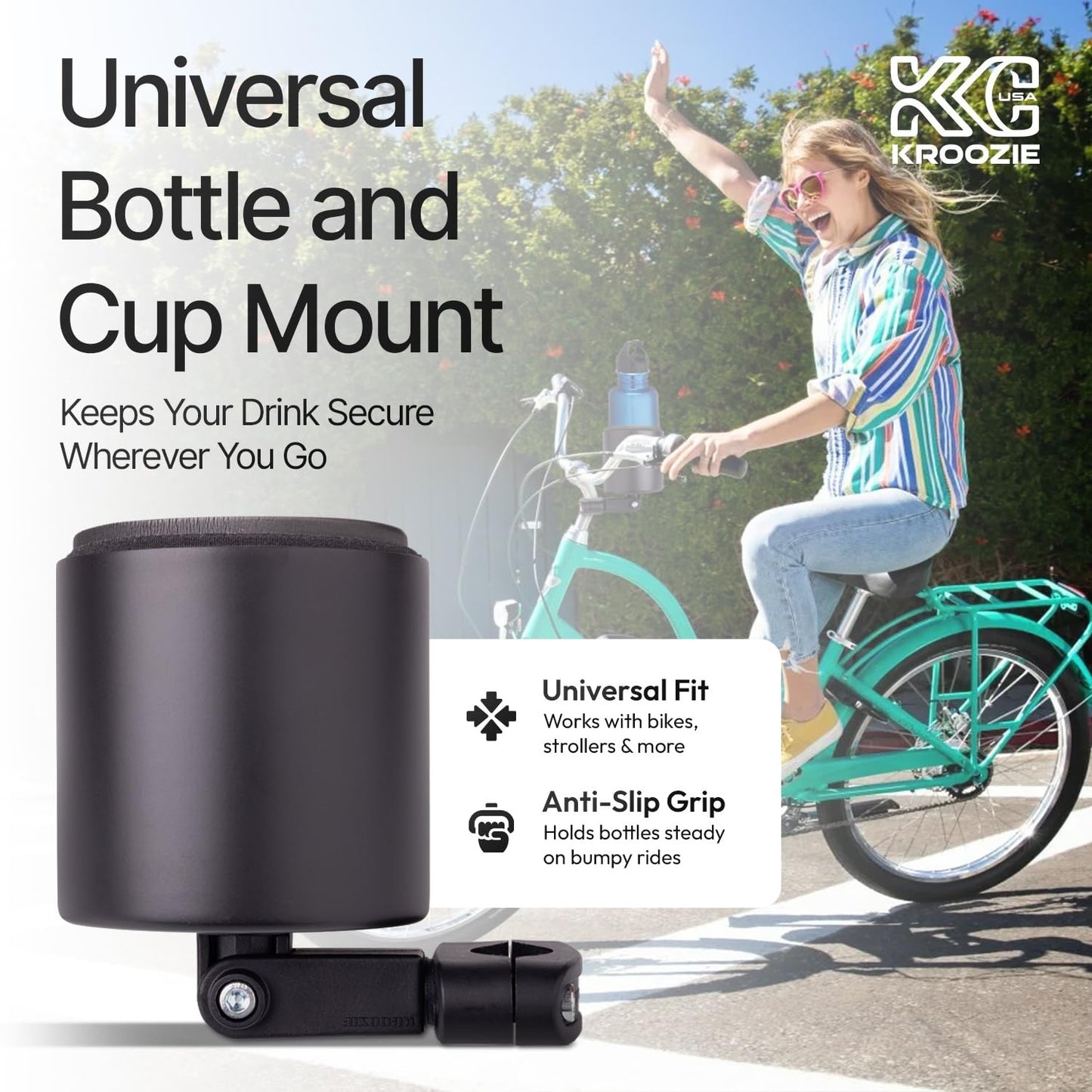 Kroozie Deluxe Stainless Steel Bike Cup Holder for Motorcycles, Strollers, Beach Cruisers, Wheelchairs, and ATVs - Fits Vertical or Angled Bars and Holds Drinks up to 48 oz