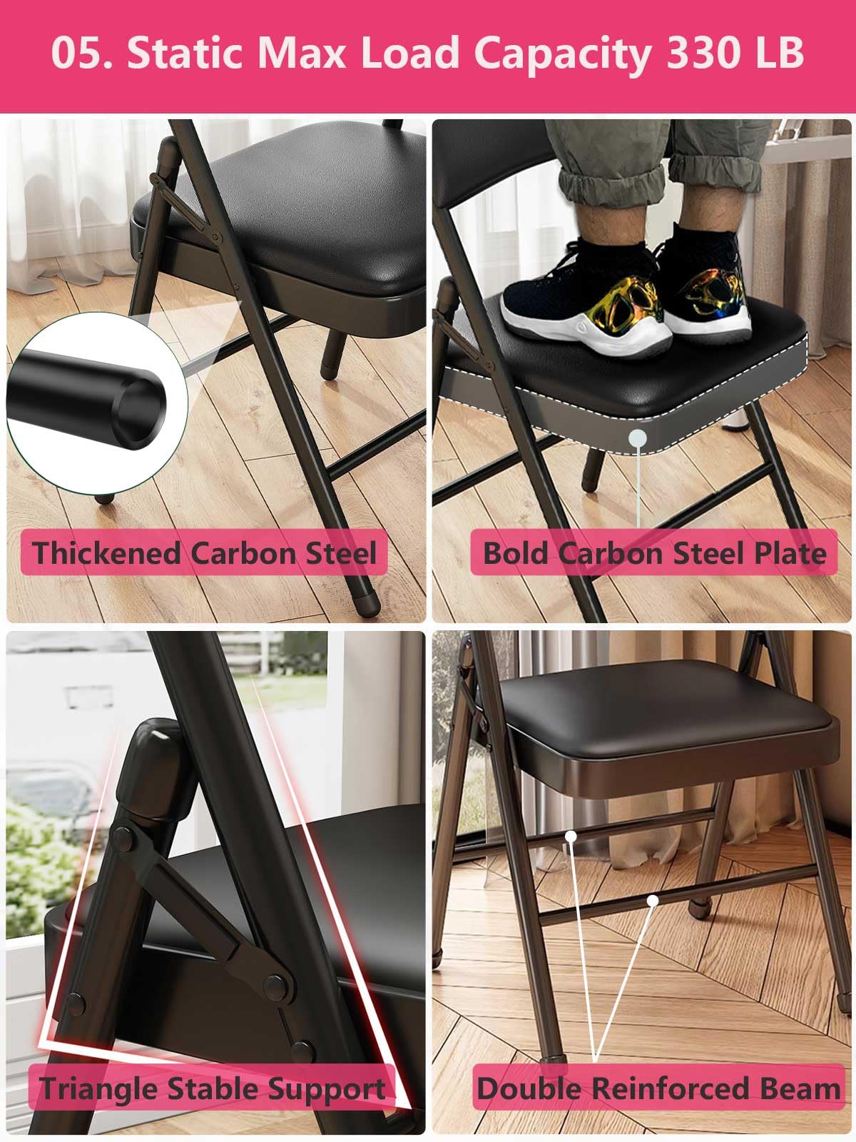 KAOCHA 1 Pack Bulk Folding Chairs with Padded Cushion, Single Black Steel Metal Frame Foldable Chair for Indoor and Outdoor, Portable Stackable Commercial Seat for Bedroom Patio Party Event