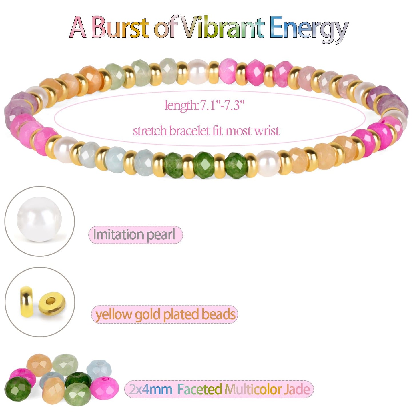 QOGIR Multicolor Beads - A Burst of Vibrant Energy - 14k Gold Plated Beads Natural Gemstone Stretch Elastic Dainty Healing Beaded Bracelets Gifts 2x4mm