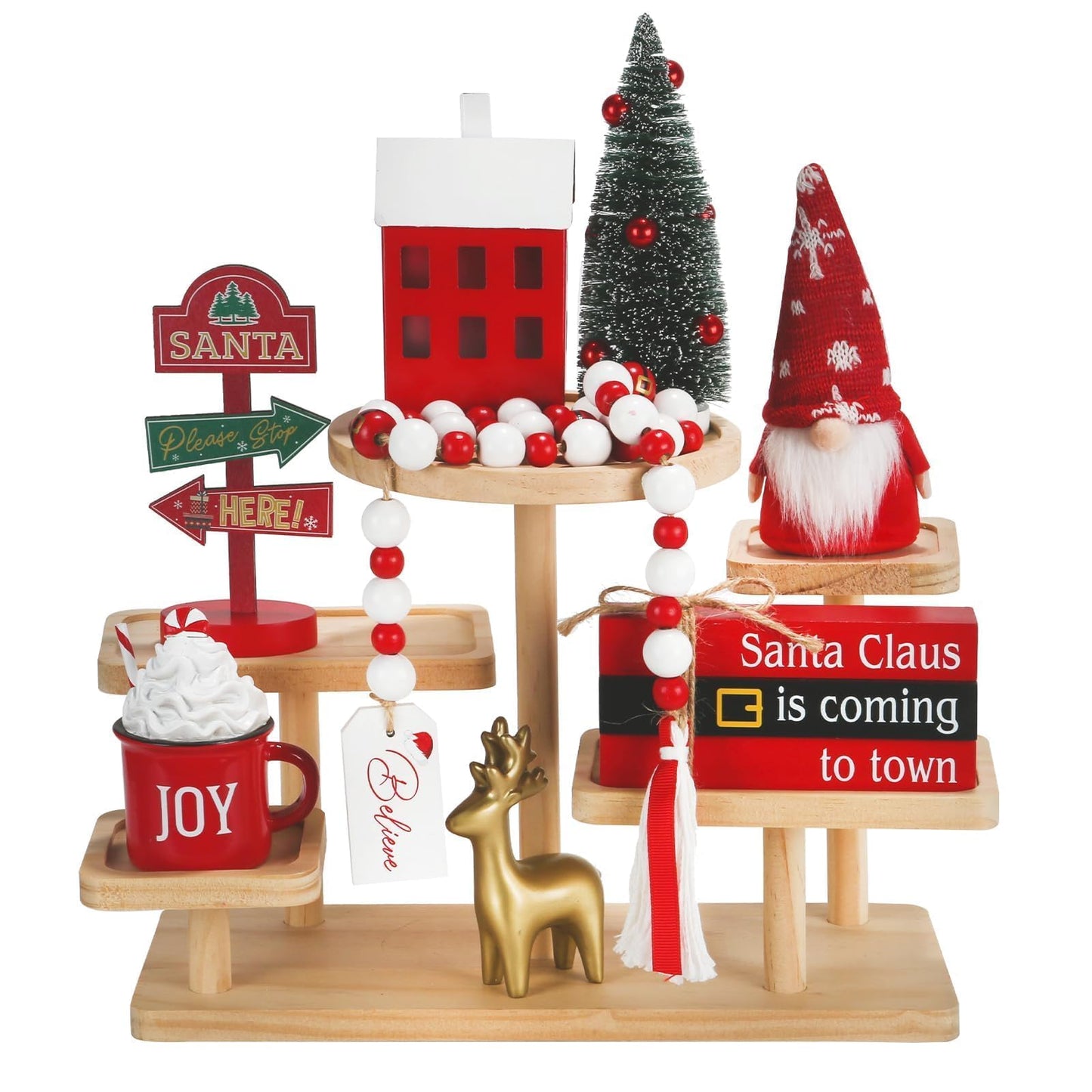 Christmas Decorations 8 PCS Tiered Tray Decor Set, Cute Tabletop Christmas Decor for Home Shelf Mantel Coffee Bar Office Xmas Table Centerpieces Tray Objects Holiday Decoration Set