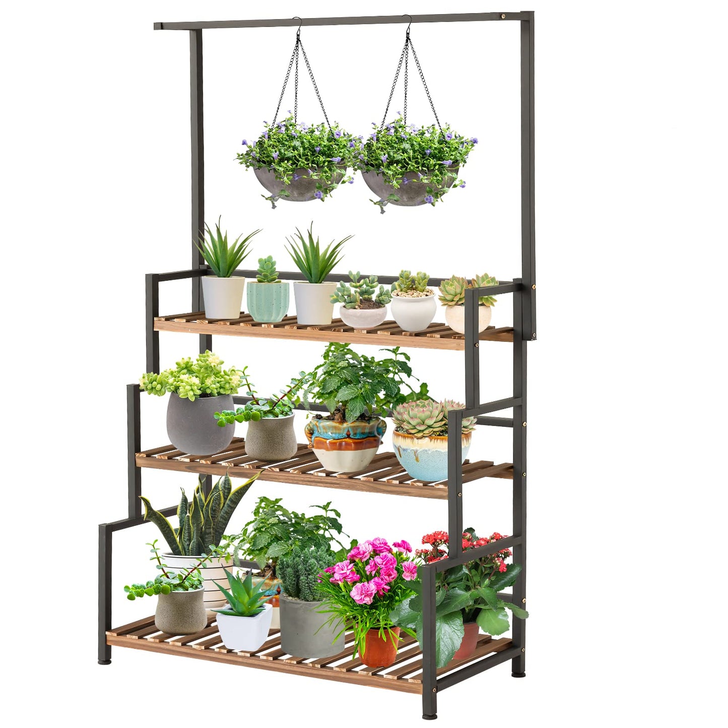 ULIKE Plant Stand Outdoor Indoor Hanging Plant Shelf for Multiple Plants 3 Tier Tall Plant Stand Wood Rack with Metal Frame for Patio Garden Balcony