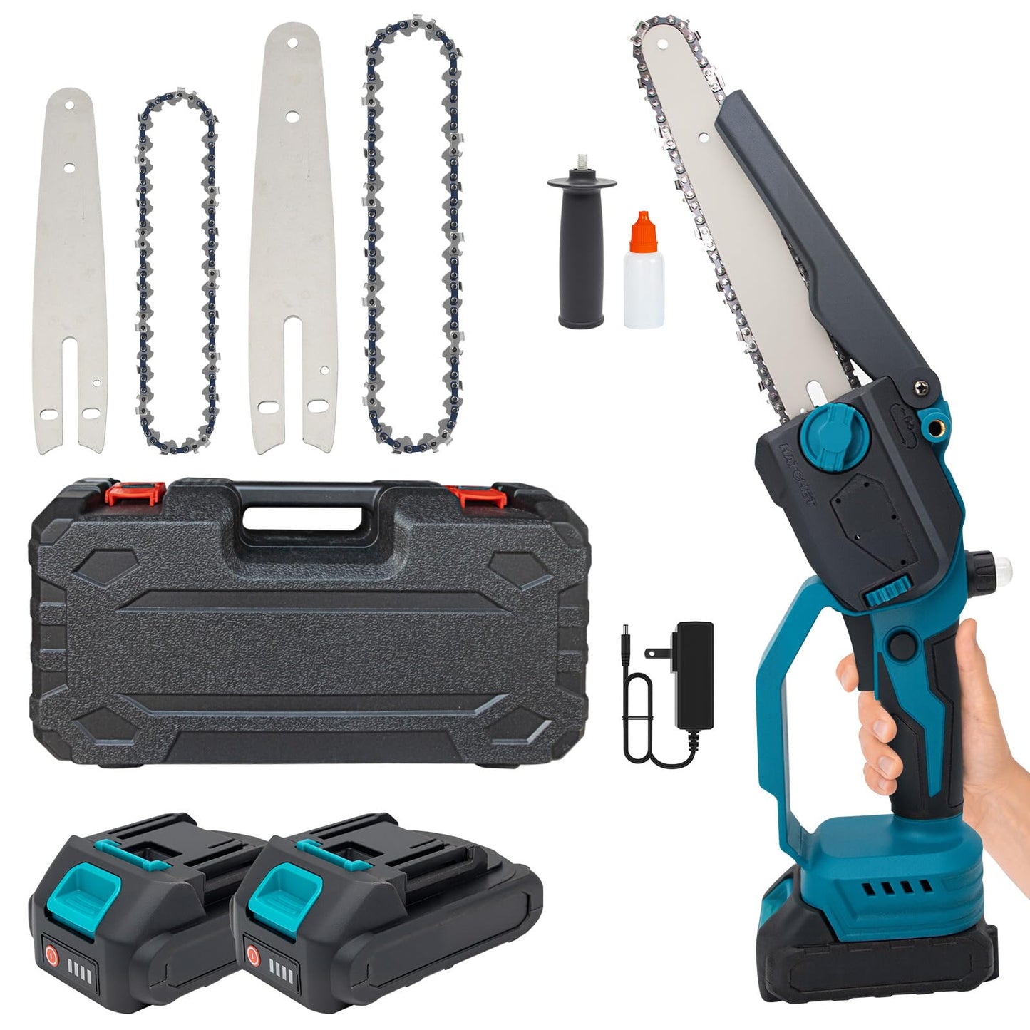 Cordless Chainsaw with Brushless Motor,6&8-Inch Mini Chainsaw,with 2×6-inch Chains,2×8-inch Chains,2 Guide Plates,2 High-Capacity Batteries.Featuring Safety Lock for Tree Pruning & Wood Cutting Tasks