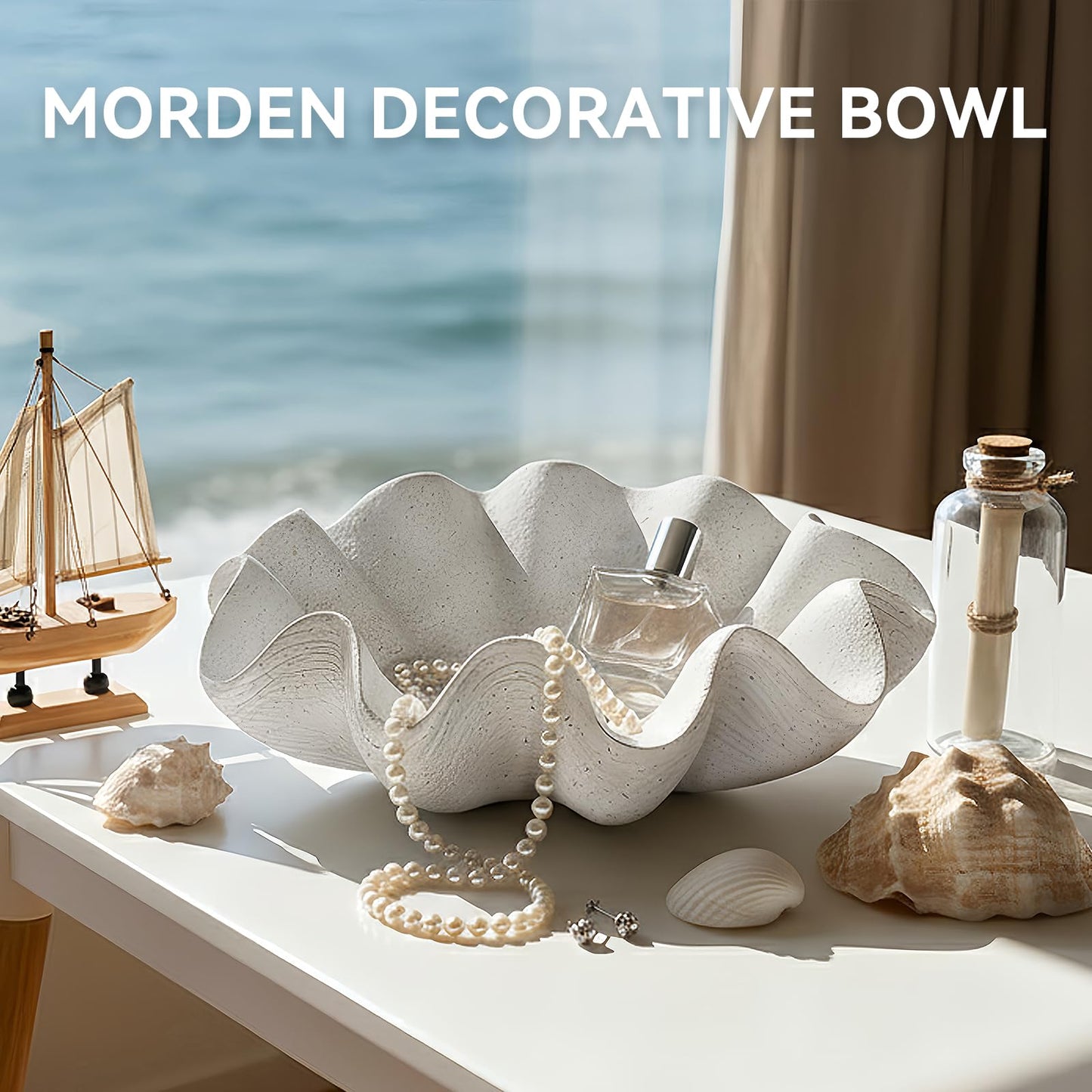 KEWOOL Scalloped Decorative Bowl Home Decor - 12.6" Modern Handicraft Large Shell Ruffle Decorative Fruit Bowl for Kitchen Counter, Chic Key Tray for Entryway Table, Artificial Stone White