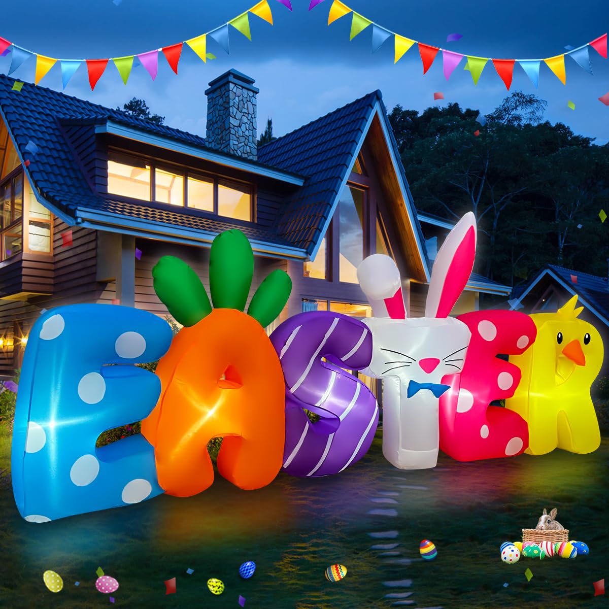 SEASONBLOW 8 FT Easter Inflatables Banner Outdoor Decorations LED Lighted Easter Blow Up for Yard Garden Lawn Indoors Outdoors Home Holiday