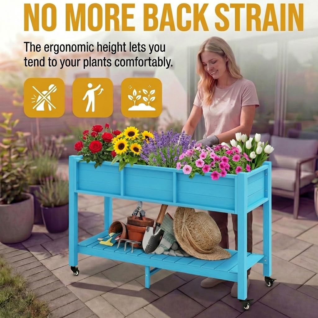 DWVO 47x18x31in Raised Garden Bed HDPE, Weather-Resistant Poly Wood Planter Box Stand, Planter Box with Legs, Storage Shelf & Lockable Wheels, Elevated Garden Bed for Backyard Patio - Aruba Blue