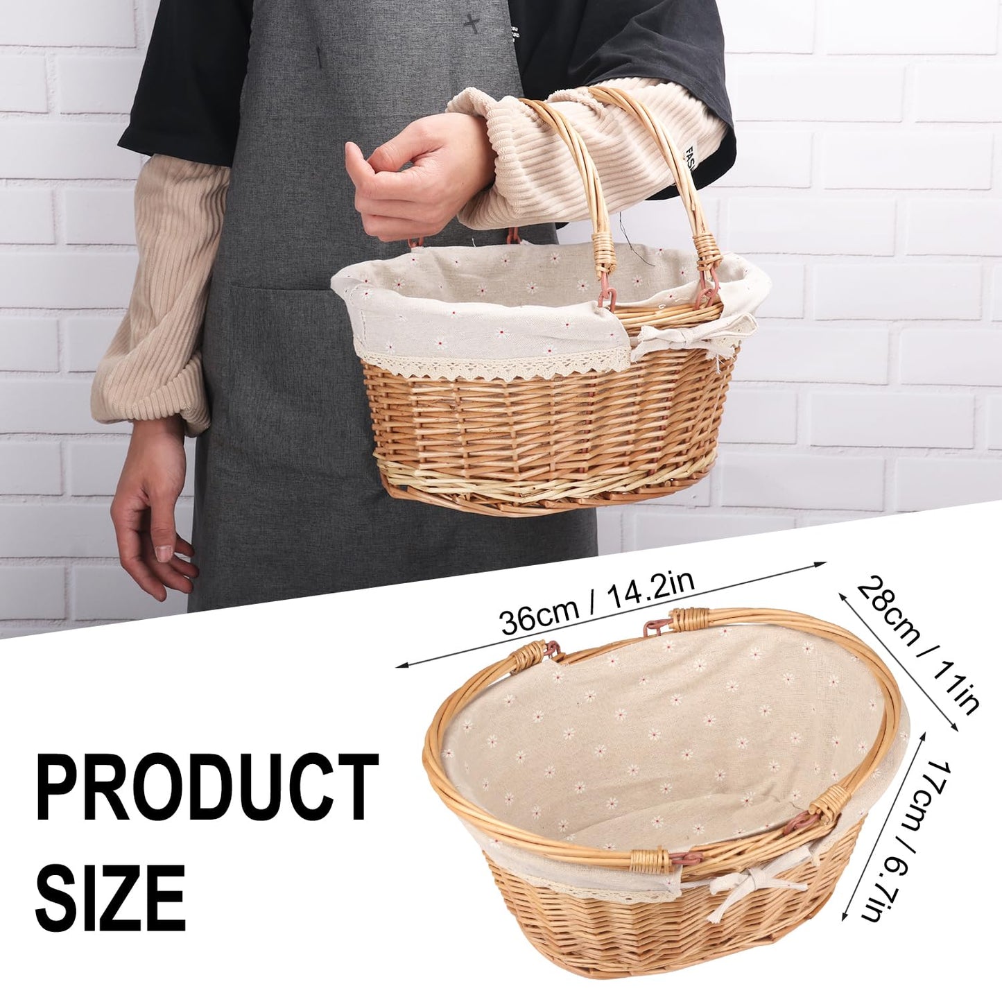 Large Multipurpose Wicker Basket with Handle, 14.2 x 11 x 6.7 in Wicker Picnic Basket with Liner, Empty Gift Basket, Oval Willow Woven Basket for Fruit, Wine, Gathering, Wedding, Picnic, by GNIEMCKIN