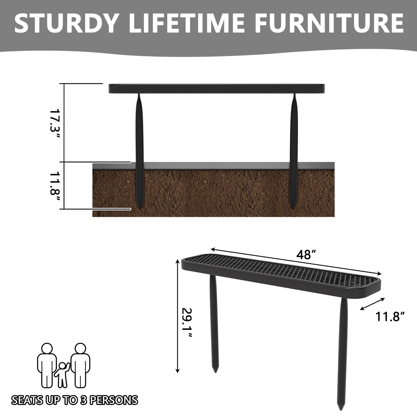 4 Ft Metal Park Benches for Outside, Outdoor Backless Bench with Thermoplastic Coating, Inground Mounted, Commercial Expanded Metal Mesh Bench for Shopping Mall, Store, Park, Patio, Deck, Black