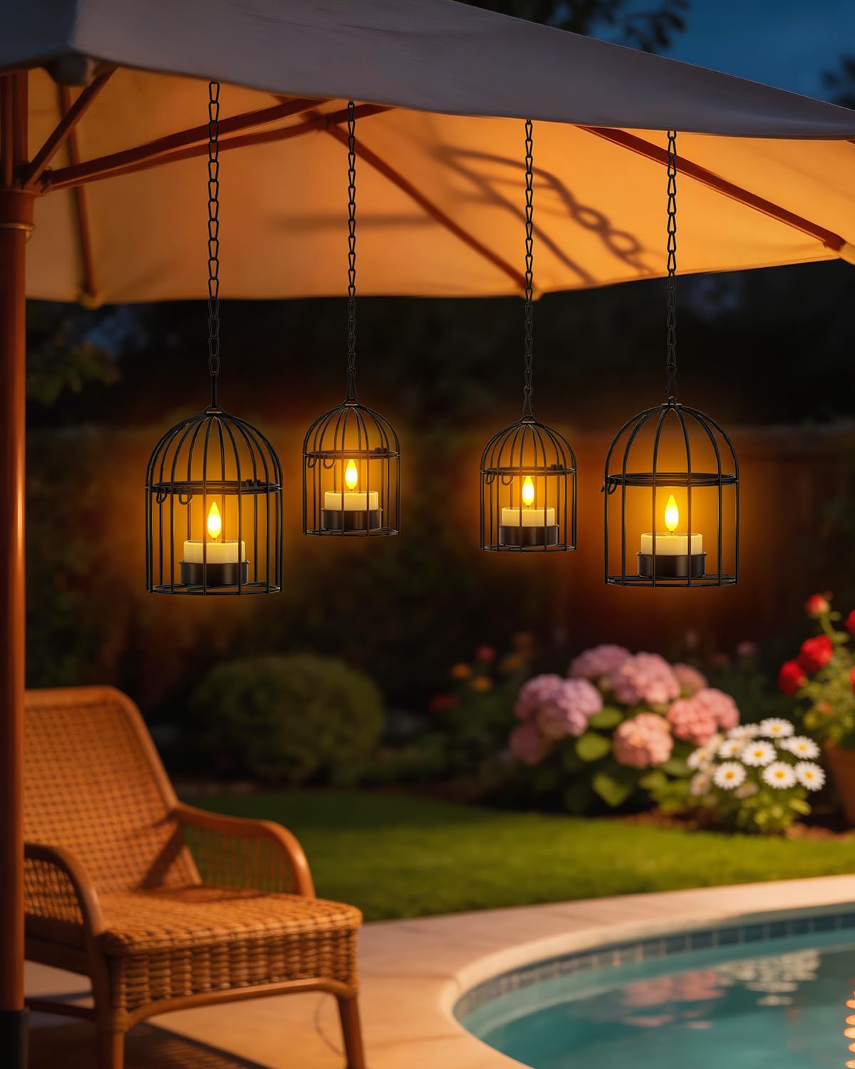 SoulBay Outdoor Lanterns with Solar Tea Lights, 4 Pack(2L 2S) Hanging Waterproof Solar Lights for Outside with Extended Chain, Bright & Long Lasting Solar Candles, Birdcage Lamp for Tree Patio Garden