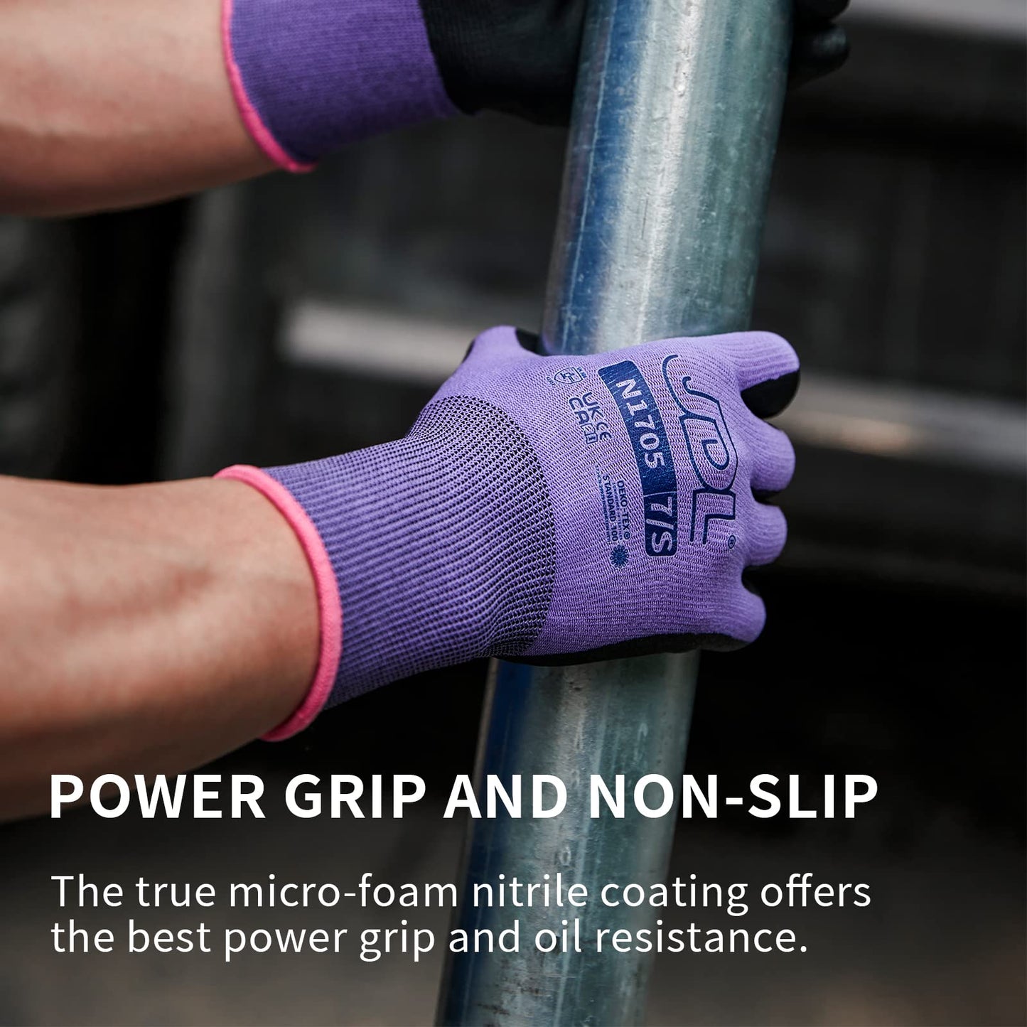 JDL 3 Pairs Microfoam Nitrile-Coated Nylon Work Gloves for Women & Men, Touchscreen Safety Gloves, Lightweight & Breathable with Durable Grip for Construction, Warehouse, Mechanics, Purple, Large