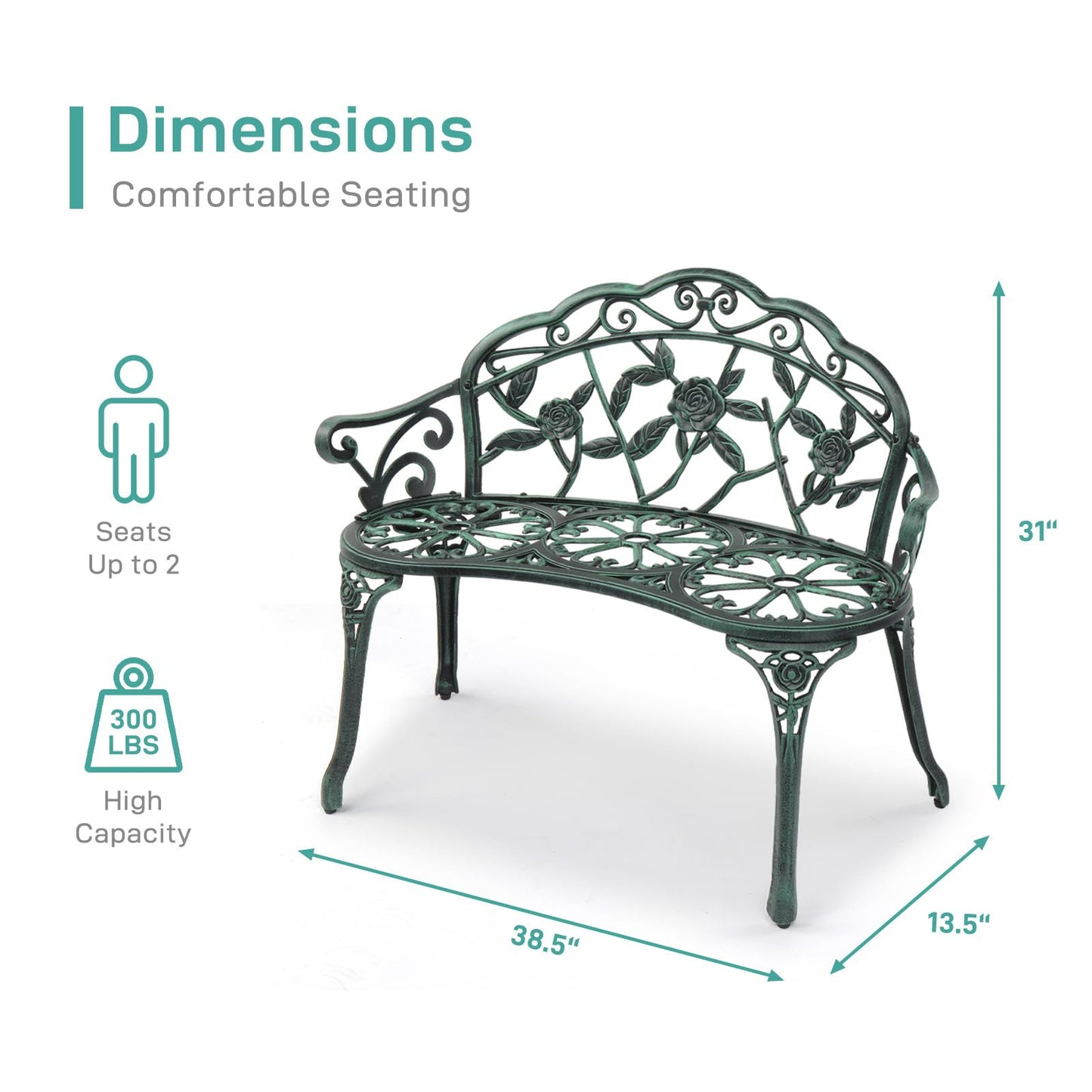 Outvita Outdoor Bench, 38"" Cast Aluminum Garden Bench Anti-Rust Weather Resistant Patio Bench Rose Pattern Bench for Front Porch, Backyard, Lawn, 1, Green