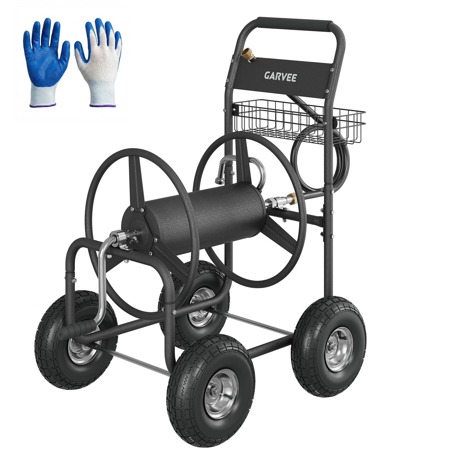 Garvee Garden Hose Reel Cart with Wheels, Hold Up to 300 ft of 5/8’’ Hose, Heavy Duty Water Hose Reel with Storage Basket, 4 Large Pneumatic Tires, Mobile Outdoor Hose Storage for Garden, Yard, Farm