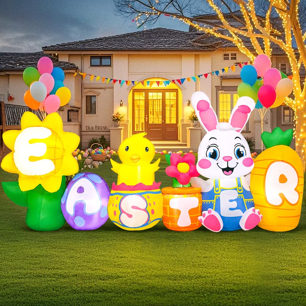 KOOY 8FT Long Easter Inflatables Bunny Outdoor Decorations with Egg Chick Carrot and Sunflower, Built-in LED Lights Easter Blow Up Yard Decorations for Lawn Garden Holiday Party