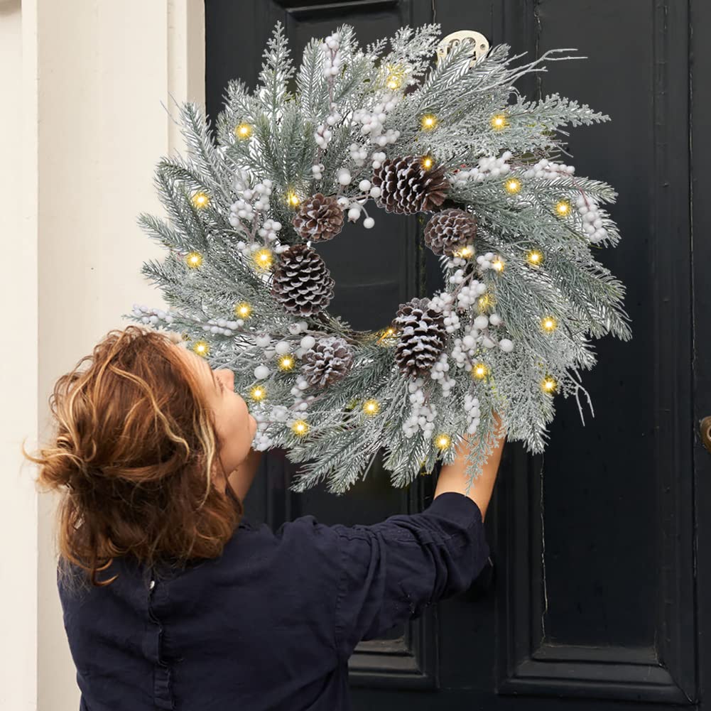 Christmas Wreath for Front Door 26" Large White Xmas Wreath with Frosted Pinecone Berries Battery Operated LED Wreath for Christmas Outdoor Window Fireplaces Walls Home Winter Decor, Briful
