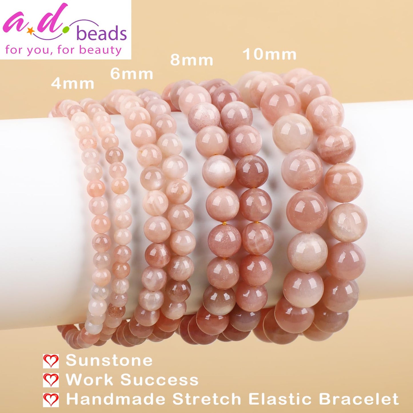 AD Beads Handmade Gemstone Stretch Elastic Bracelet Crystal Healing Reiki Nature's Beauty and Spiritual Essence Unisex (8mm, Sunstone (Work Success))