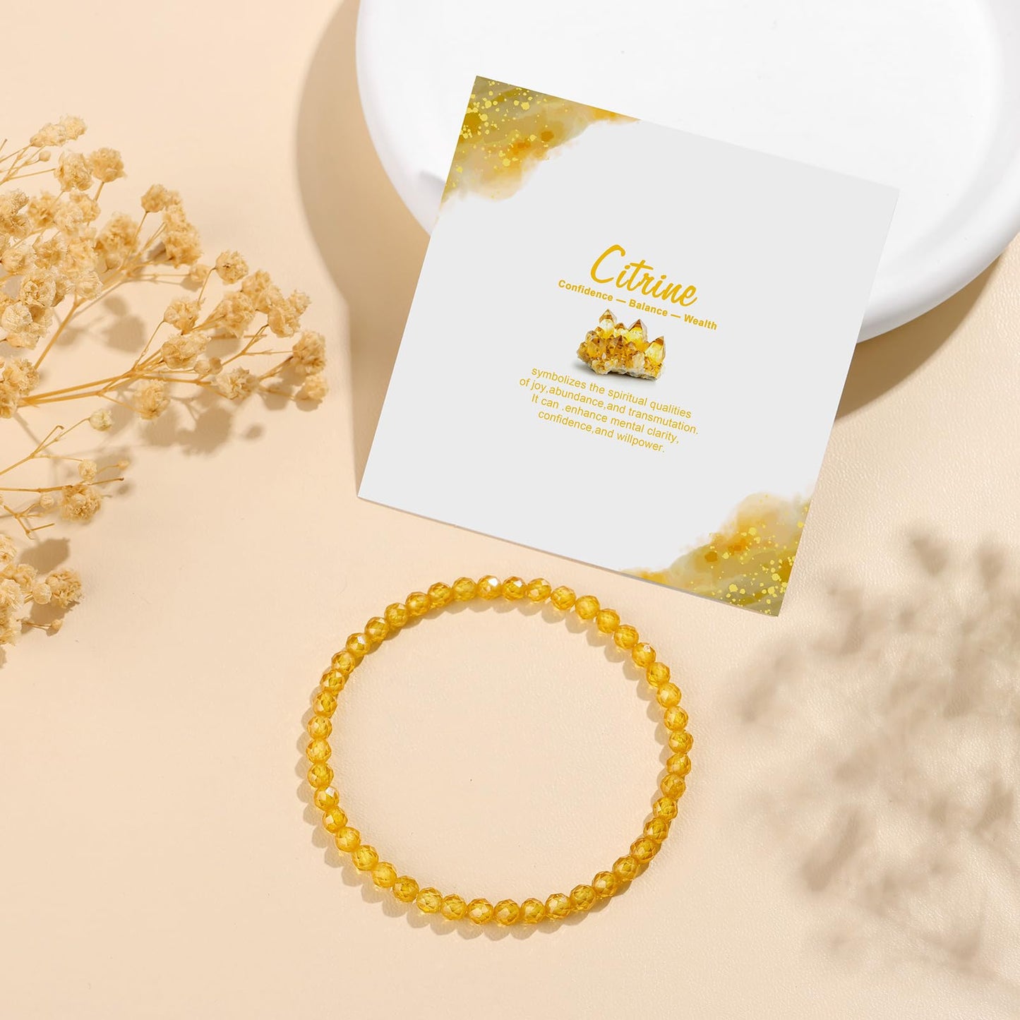 GolbalJew Natural Gemstone Beads Bracelets Healing Crystal Stone Beaded Bracelet for Women Men Handmade Spiritual Jewelry Gifts, 4mm Citrine Faceted Round Beads