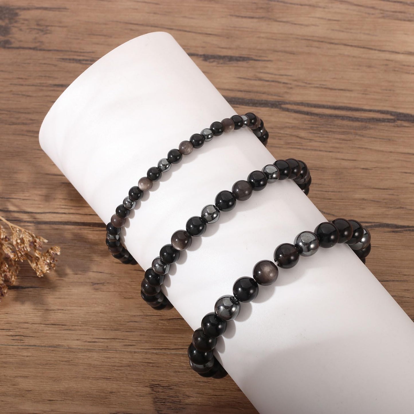 AULSIEY Hematite Black Tourmaline Obsidian Bracelet for Men, Triple Empath Protection Bracelet Gifts for Women, Protection Healing Crystal Bracelets, Evil Eye Jewelry Bracelets Mental Health-8mm