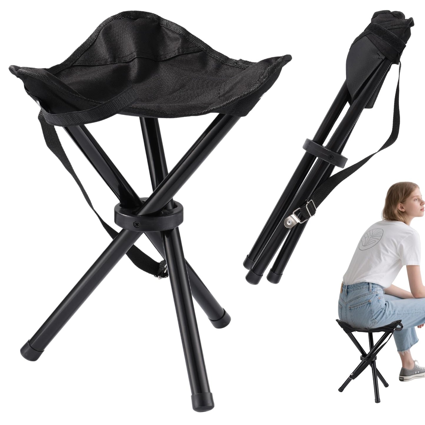 Travel Folding Camping Stool, 14.6 inches Lightweight Outdoor Tripod Chair and Maximum weight 210 lbs Portable Party Chair Fishing Chairs Seat for Camp Hiking Beach Garden and Painting (Black)