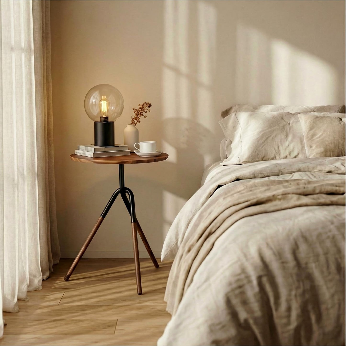 RECCI Small Round Side Table, Modern Solid Wood End Table with FSC Certified Wood & Knotted Metal Frame, Small Accent Couch Sofa Side Table for Living Room Bedroom, Walnut