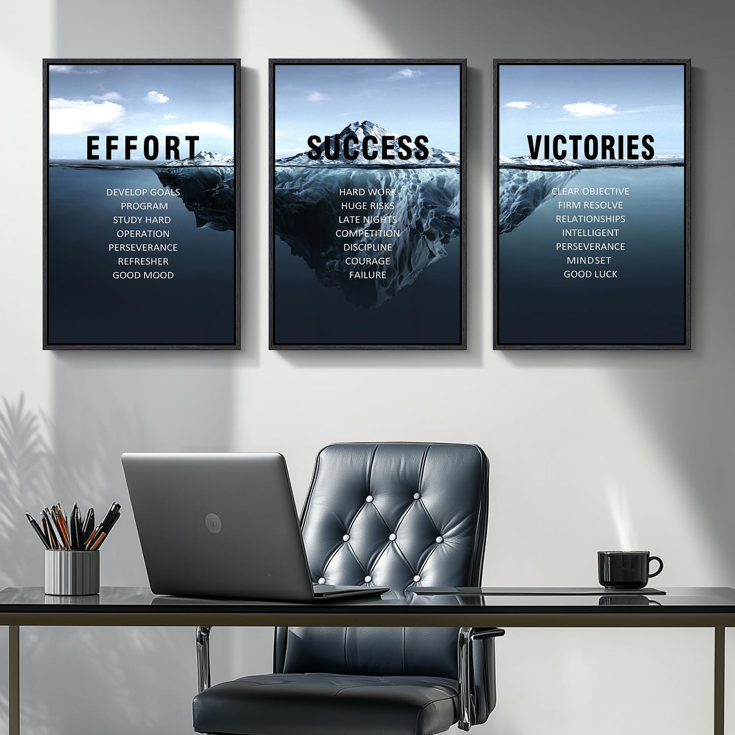 Framed Motivational Wall Art for Office Decor, Set of 3 Inspirational Modern Iceberg Canvas Wall Art Prints, Navy Blue Effort Success Victory Quotes for Home Office Gym Wall Decor, 16x24