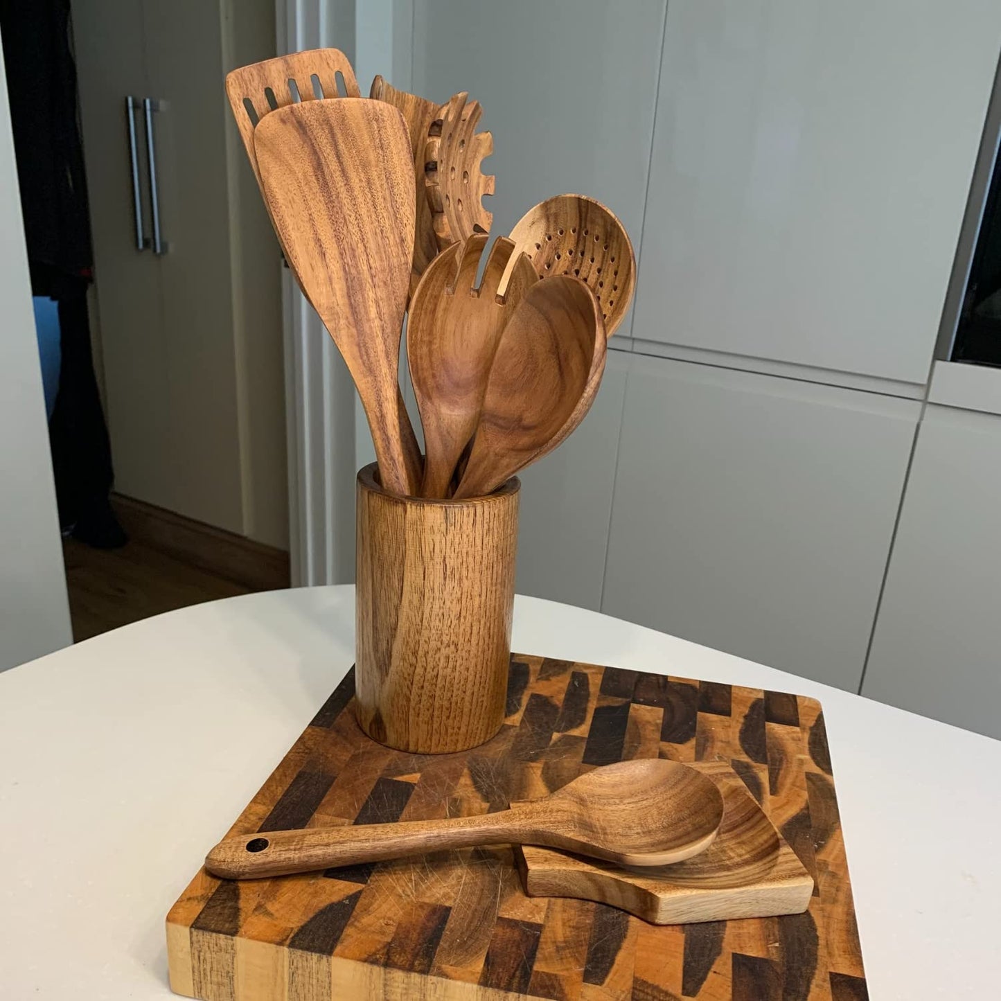 BaraBara Kitchen Utensils Set, Wooden Holder, Spoon Rest and Hooks, Kitchen Wooden Utensils, 100% Natural Teak Wooden Kitchen Utensil