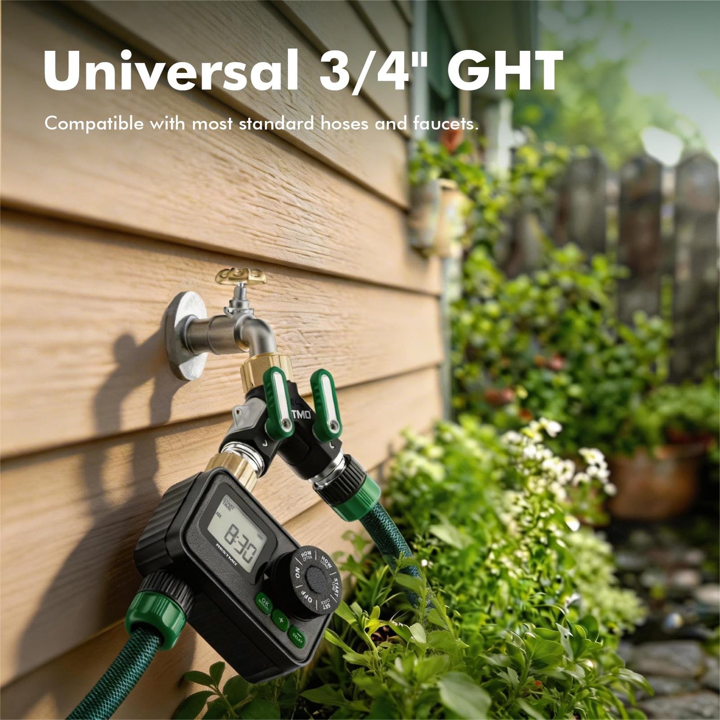 RESTMO 2 Way Garden Hose Splitter Heavy Duty Full Metal Body, Full Flow Design with Oversized Ball Valve, Y Outdoor Faucet Spigot Adapter with Extended Levers, 3/4" GHT Thread - Green 1 Pack