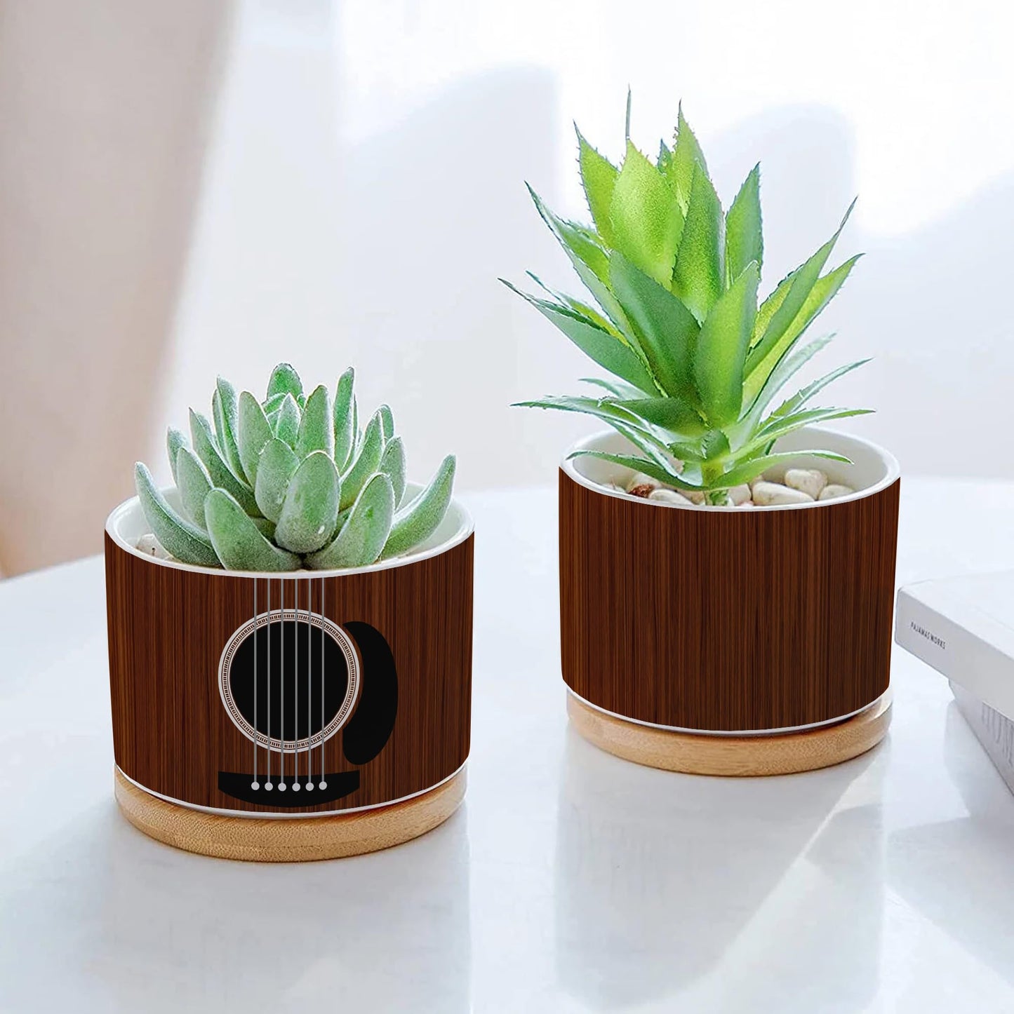 DIQADILA Guitar Pattern Print Mini Plant Pot Set Home Decor, Musician Music Ceramic Succulent Pots with Bamboo Tray Gifts for Planters. Guitar Accessories Gifts for Guitarists