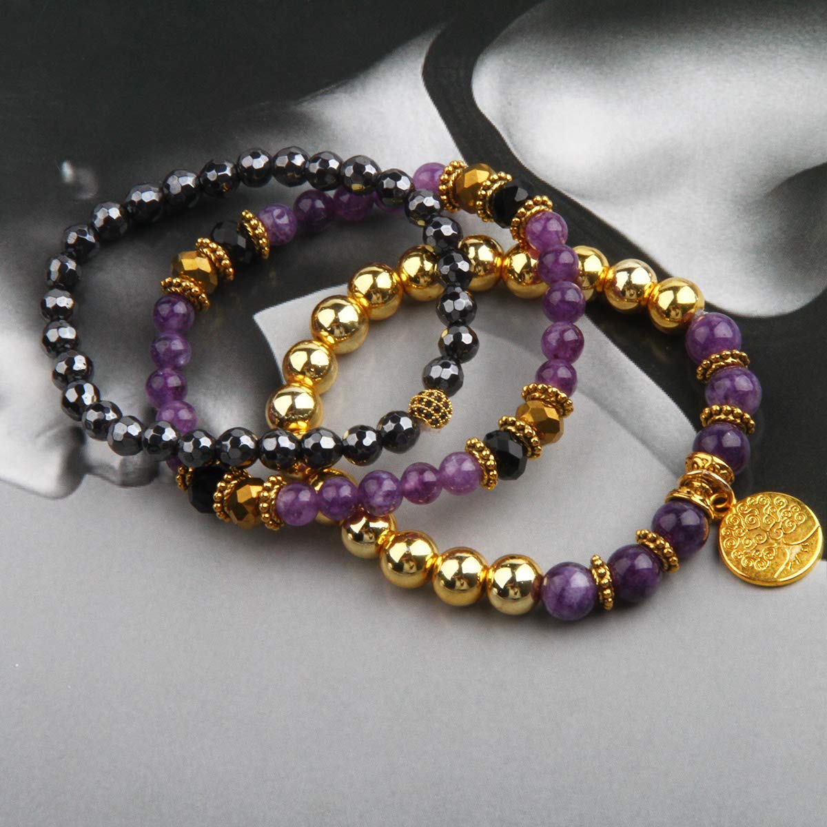 Jardme Healing Crystal Bracelets for Women, 8mm Beaded Natural Stone Stretch Chakra Bracelets Tree of Life Bracelet Jewelry Gifts for Women