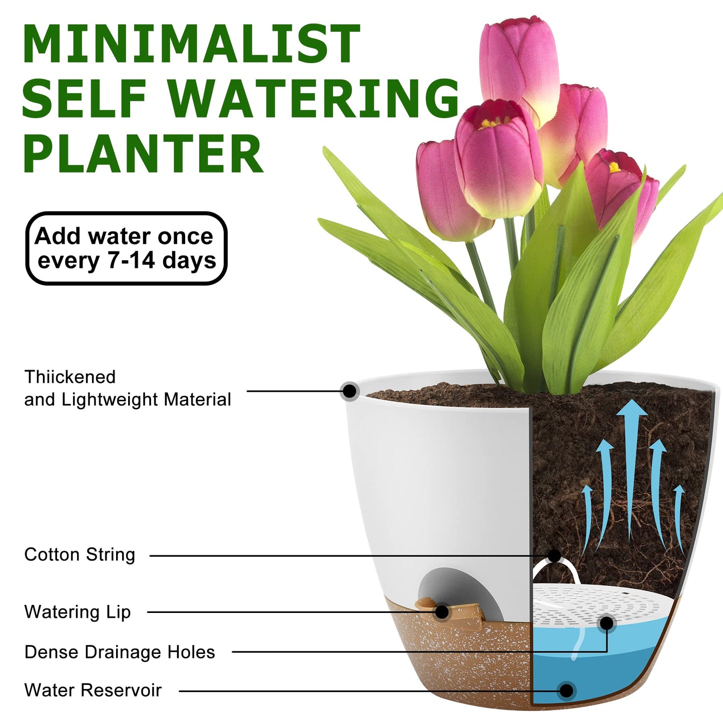 Plant Pots 12/10/9 Inch Self Watering Pots, Set of 3 Plastic Planters with Drainage Holes and Saucers,Plastic Flower Pots,Nursery Planting Pot for Indoor Out Door Plants(White)