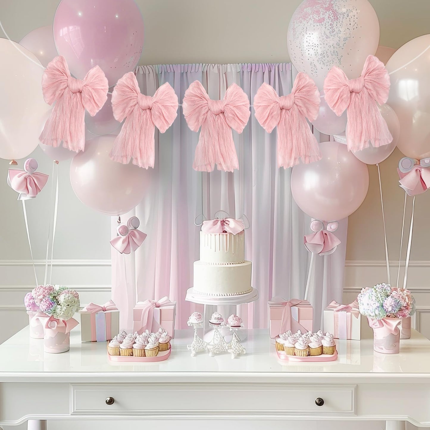 VitalCozy Pink Bow Garland Banner for Coquette Birthday Pink Bow Party Hanging Swirls Decorations for Baby Shower Bridal Shower Bachelorette Party Decor