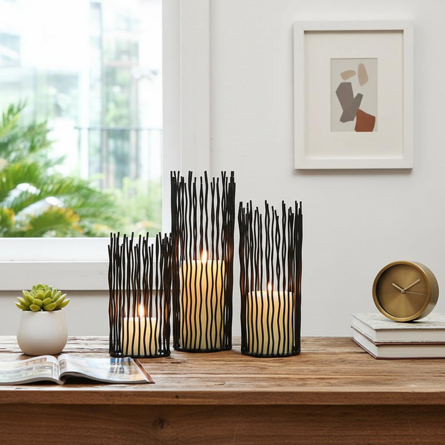 Metal Candle Holders for Pillar Candles - Creative Wire Candle Holder Set of 3 for Fireplace Mantel, Black Candlestick Holders for Table Centerpieces Halloween Christmas Birthday Party Home Decor