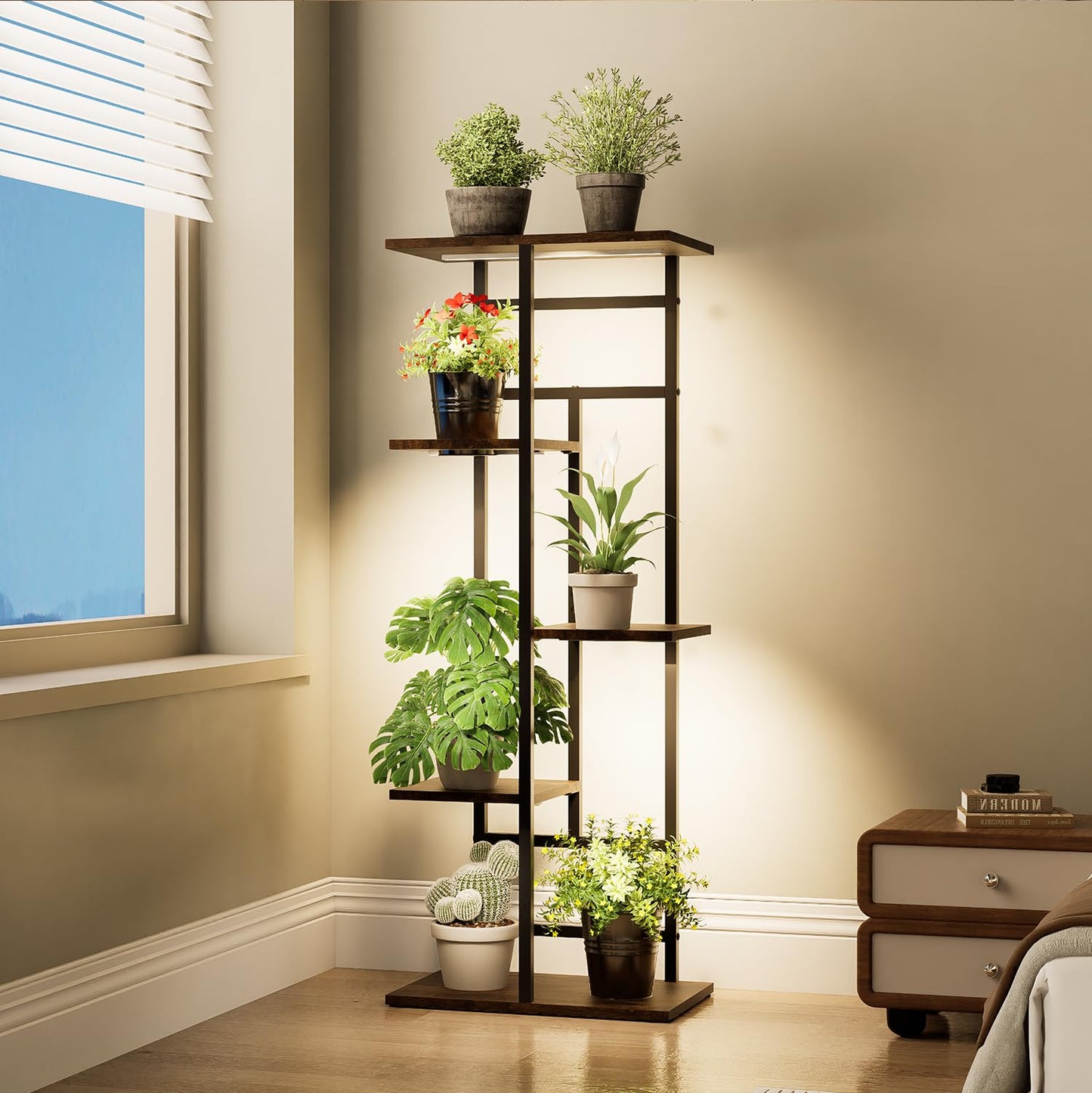 Forotone Plant Stand Indoor with Grow Lights, 5-Tiered Tall Plant Shelf Indoor Corner Plant Shelves Plant Rack Display Flower Holder for Living Room, Patio, Balcony